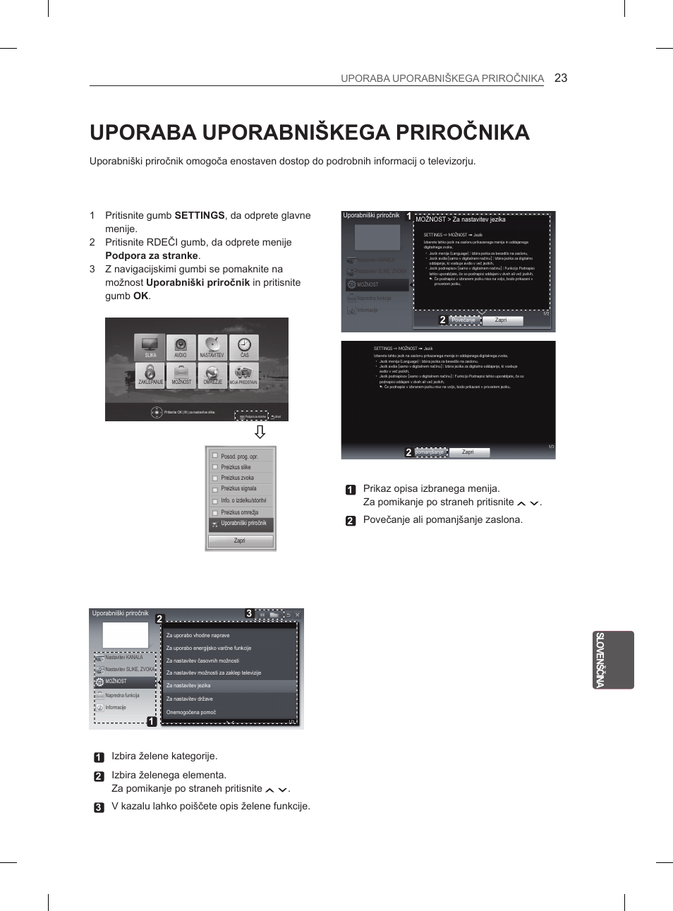 Uporaba uporabniškega priročnika, Sl ov en šč ina uporaba uporabniškega priročnika, 2 povečanje ali pomanjšanje zaslona | LG 47LM615S User Manual | Page 227 / 261