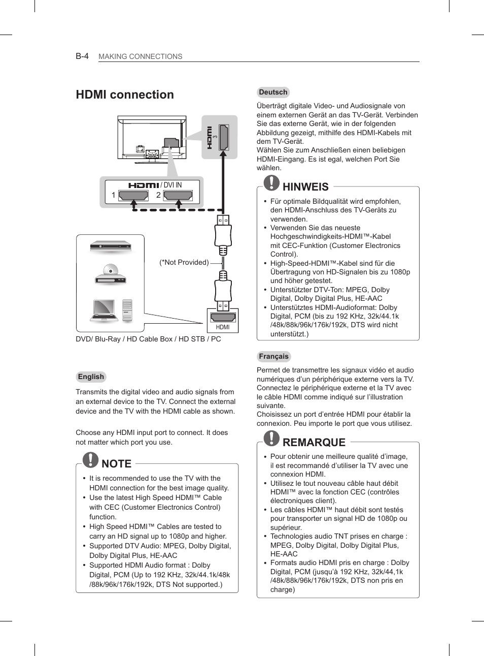 Hdmi connection, Hinweis, Remarque | LG 47LM615S User Manual | Page 232 / 261