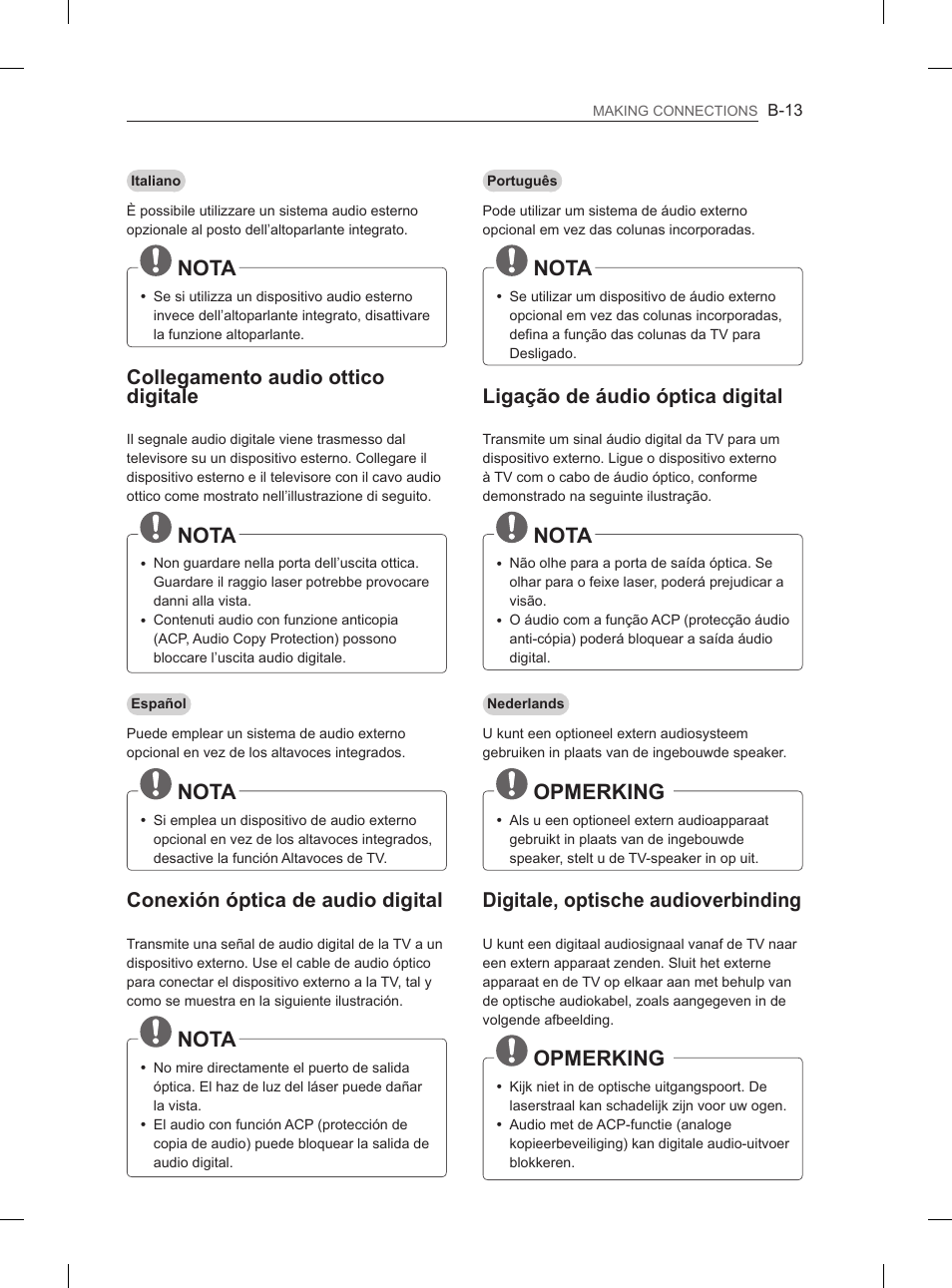 Nota, Opmerking, Collegamento audio ottico digitale | Conexión óptica de audio digital, Ligação de áudio óptica digital, Digitale, optische audioverbinding | LG 47LM615S User Manual | Page 241 / 261