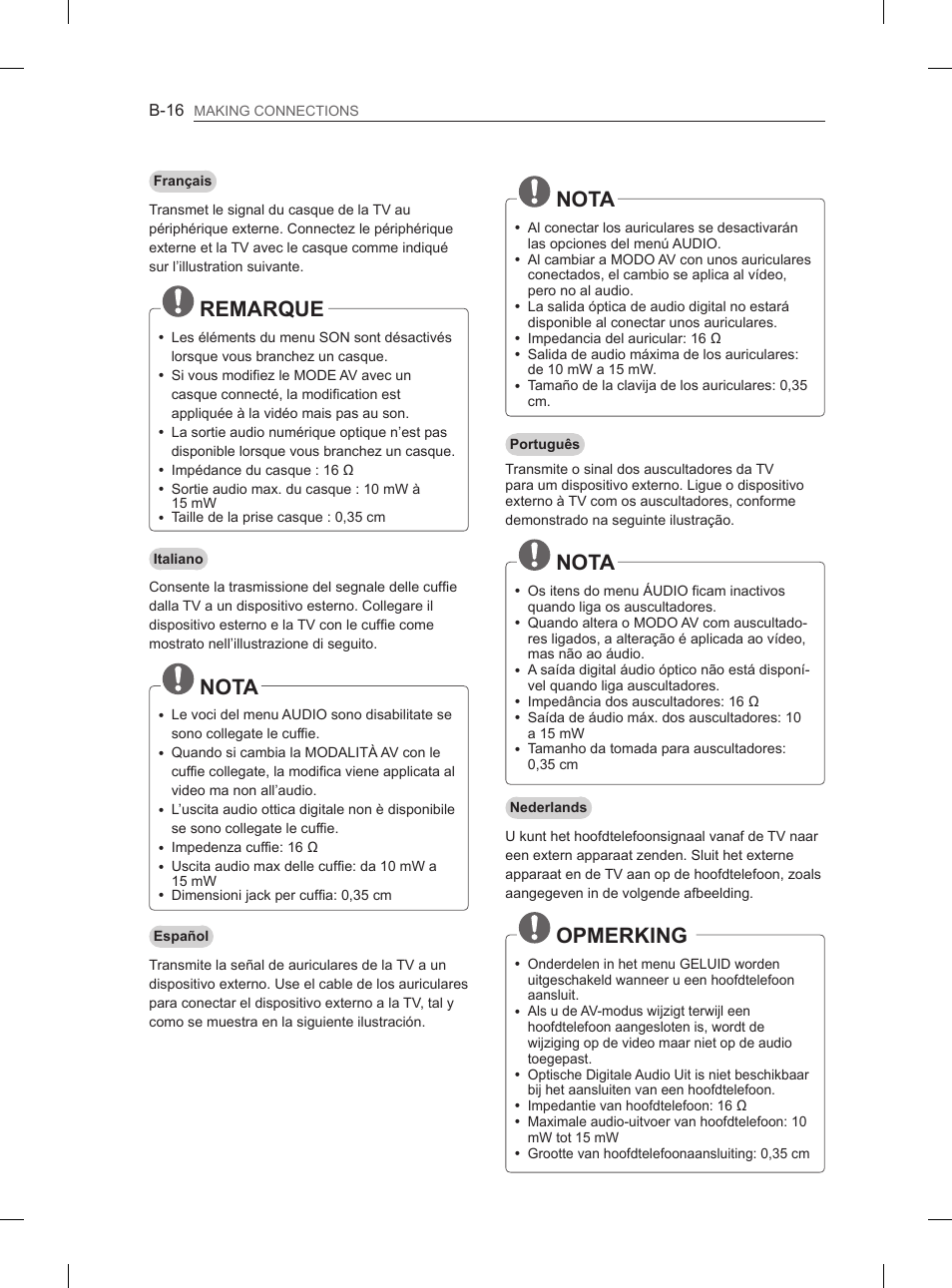 Remarque, Nota, Opmerking | LG 47LM615S User Manual | Page 244 / 261