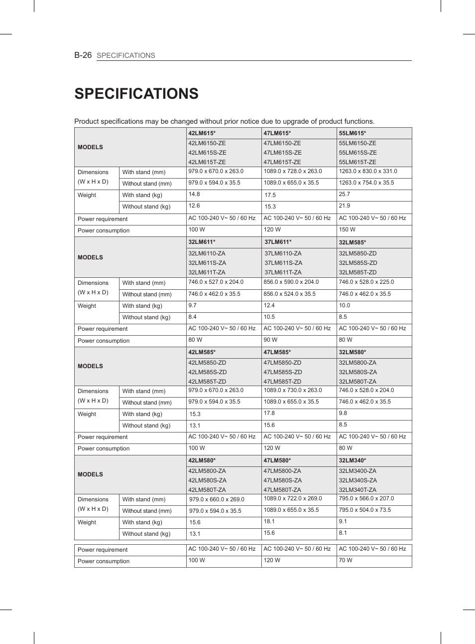 Specifications, B-26 | LG 47LM615S User Manual | Page 254 / 261