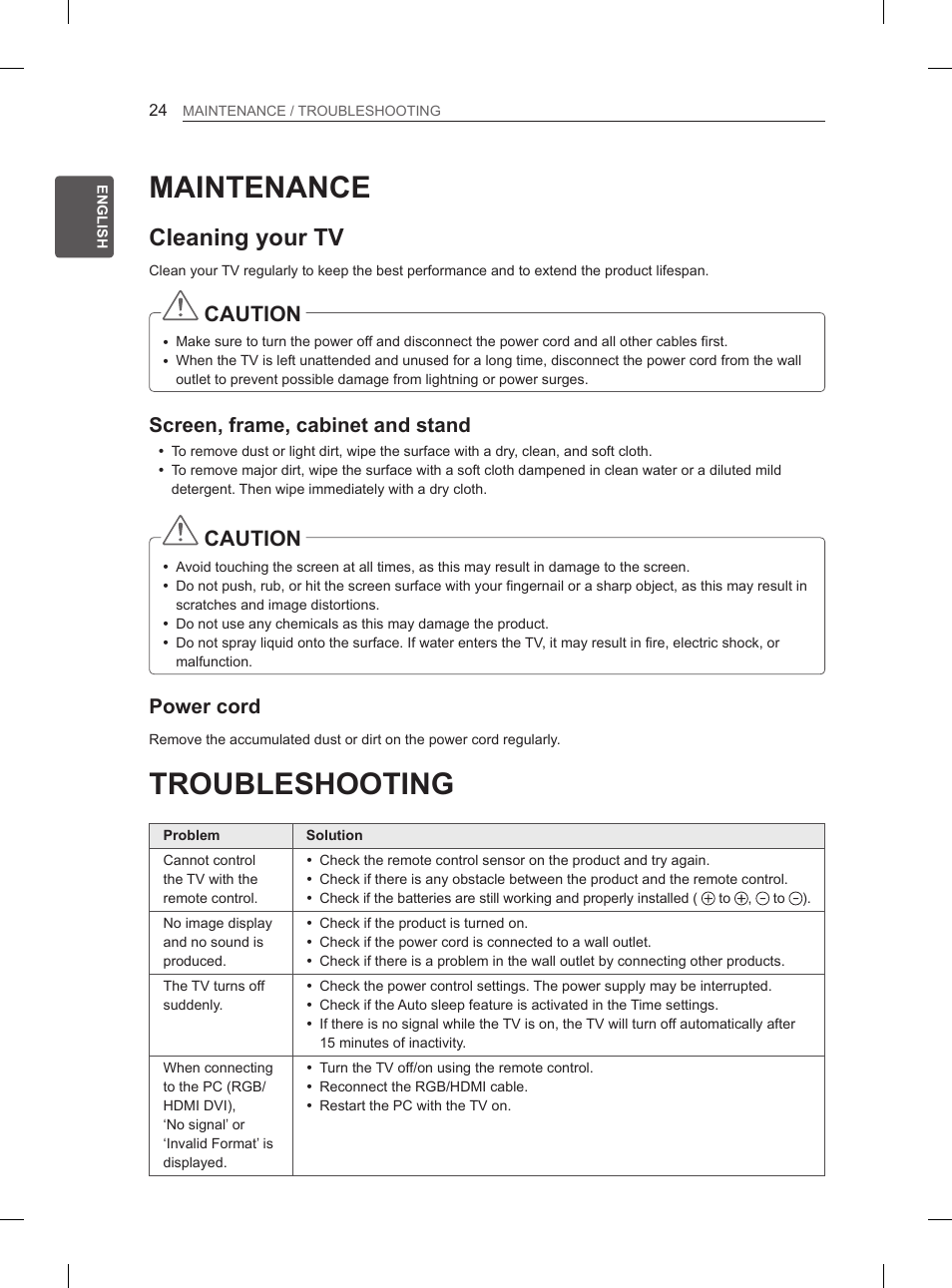 Maintenance, Troubleshooting, Cleaning your tv | Caution, Screen, frame, cabinet and stand, Power cord | LG 47LM615S User Manual | Page 30 / 261
