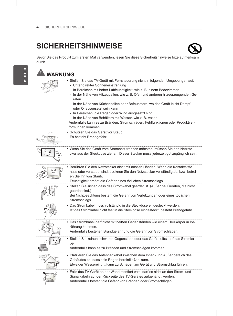 Sicherheitshinweise, Warnung | LG 47LM615S User Manual | Page 34 / 261