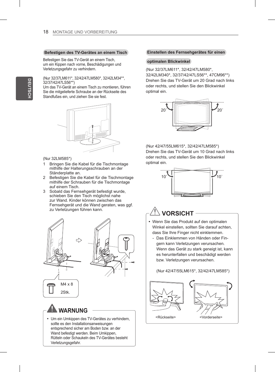 Warnung, Vorsicht | LG 47LM615S User Manual | Page 48 / 261