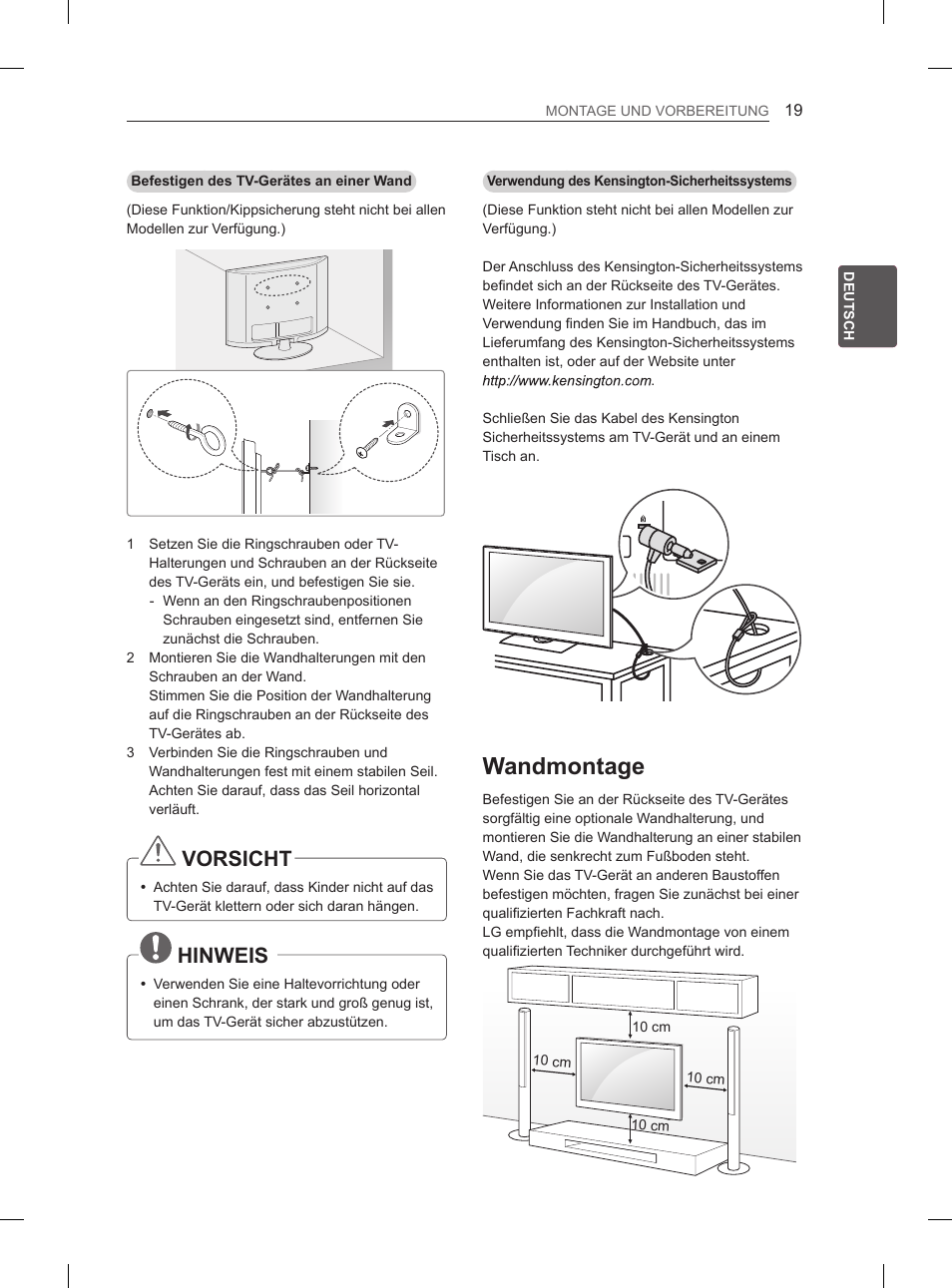 Wandmontage, Vorsicht, Hinweis | LG 47LM615S User Manual | Page 49 / 261