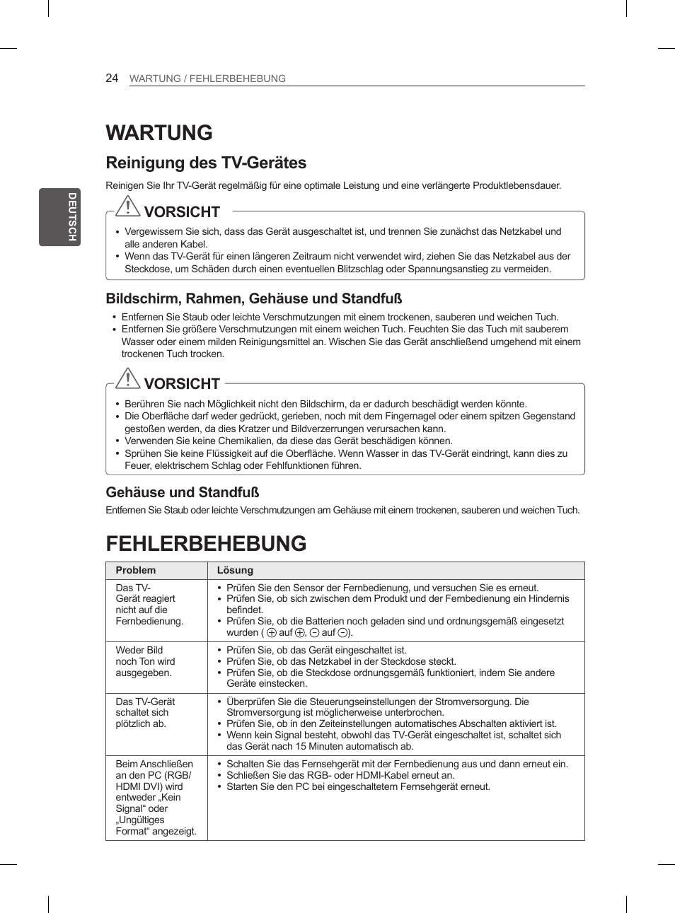 Wartung, Fehlerbehebung, Reinigung des tv-gerätes | Vorsicht, Bildschirm, rahmen, gehäuse und standfuß, Gehäuse und standfuß | LG 47LM615S User Manual | Page 54 / 261