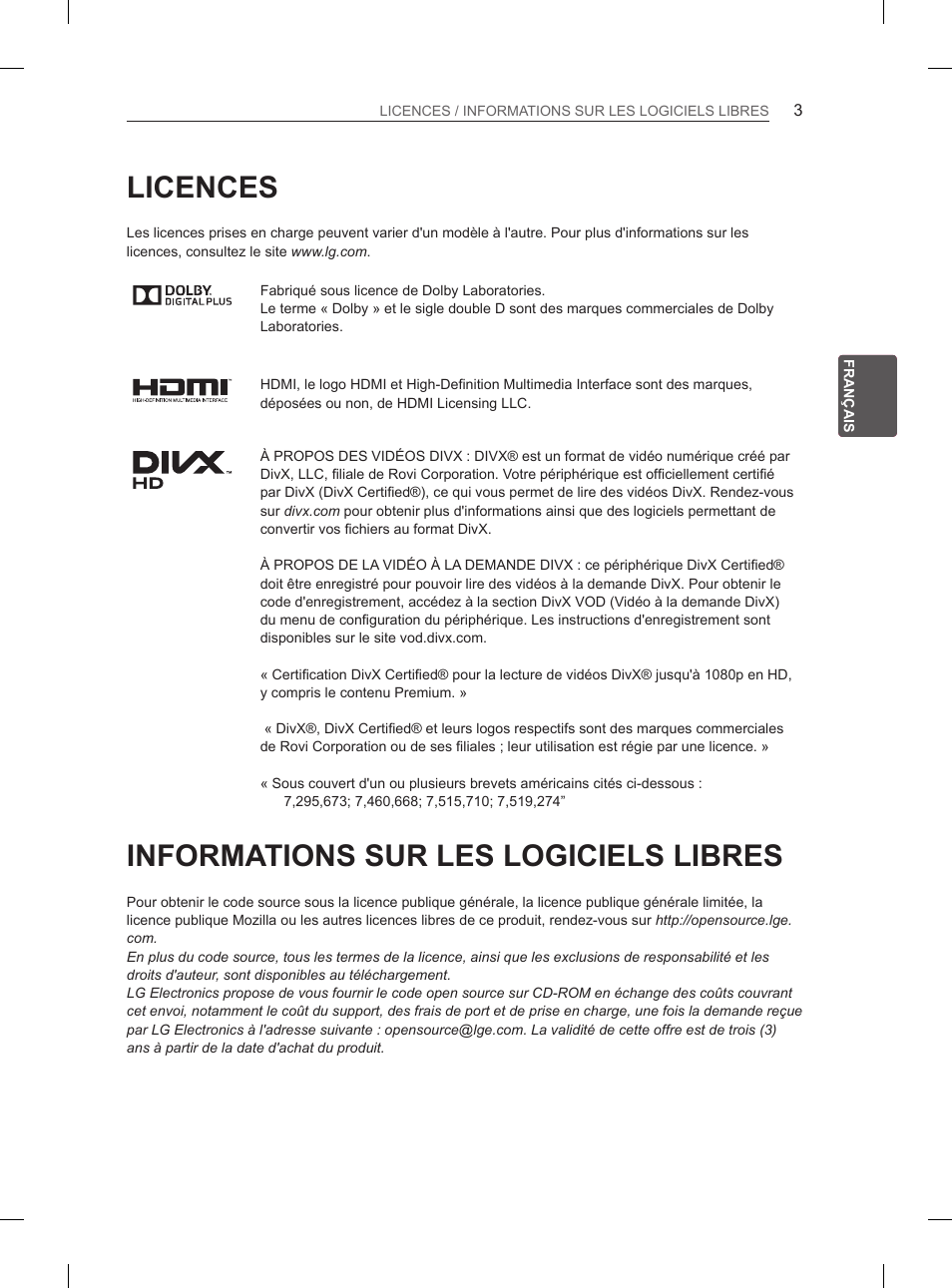 Licences, Informations sur les logiciels libres | LG 47LM615S User Manual | Page 57 / 261