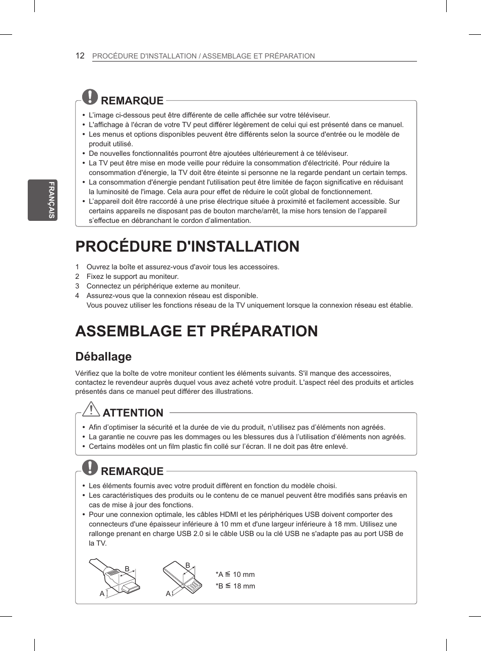 Procédure d'installation, Assemblage et préparation, Déballage | Remarque, Attention | LG 47LM615S User Manual | Page 66 / 261