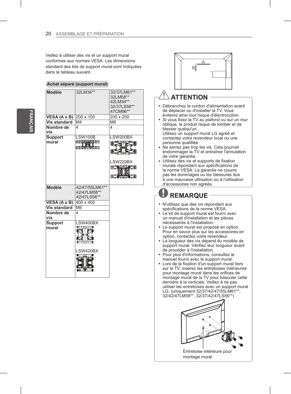 Attention, Remarque | LG 47LM615S User Manual | Page 74 / 261