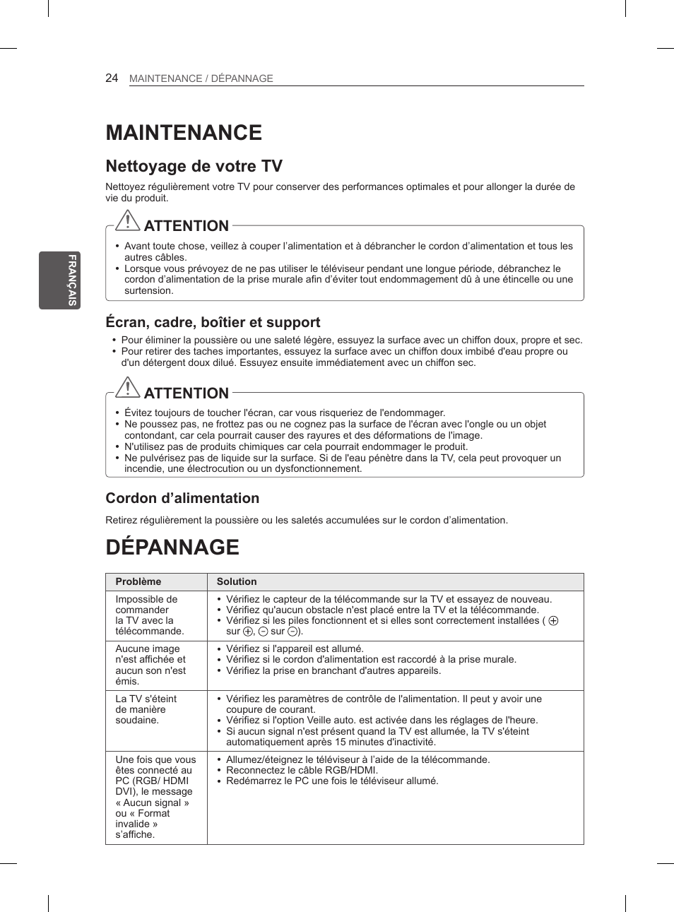 Maintenance, Dépannage, Nettoyage de votre tv | Attention, Écran, cadre, boîtier et support, Cordon d’alimentation | LG 47LM615S User Manual | Page 78 / 261