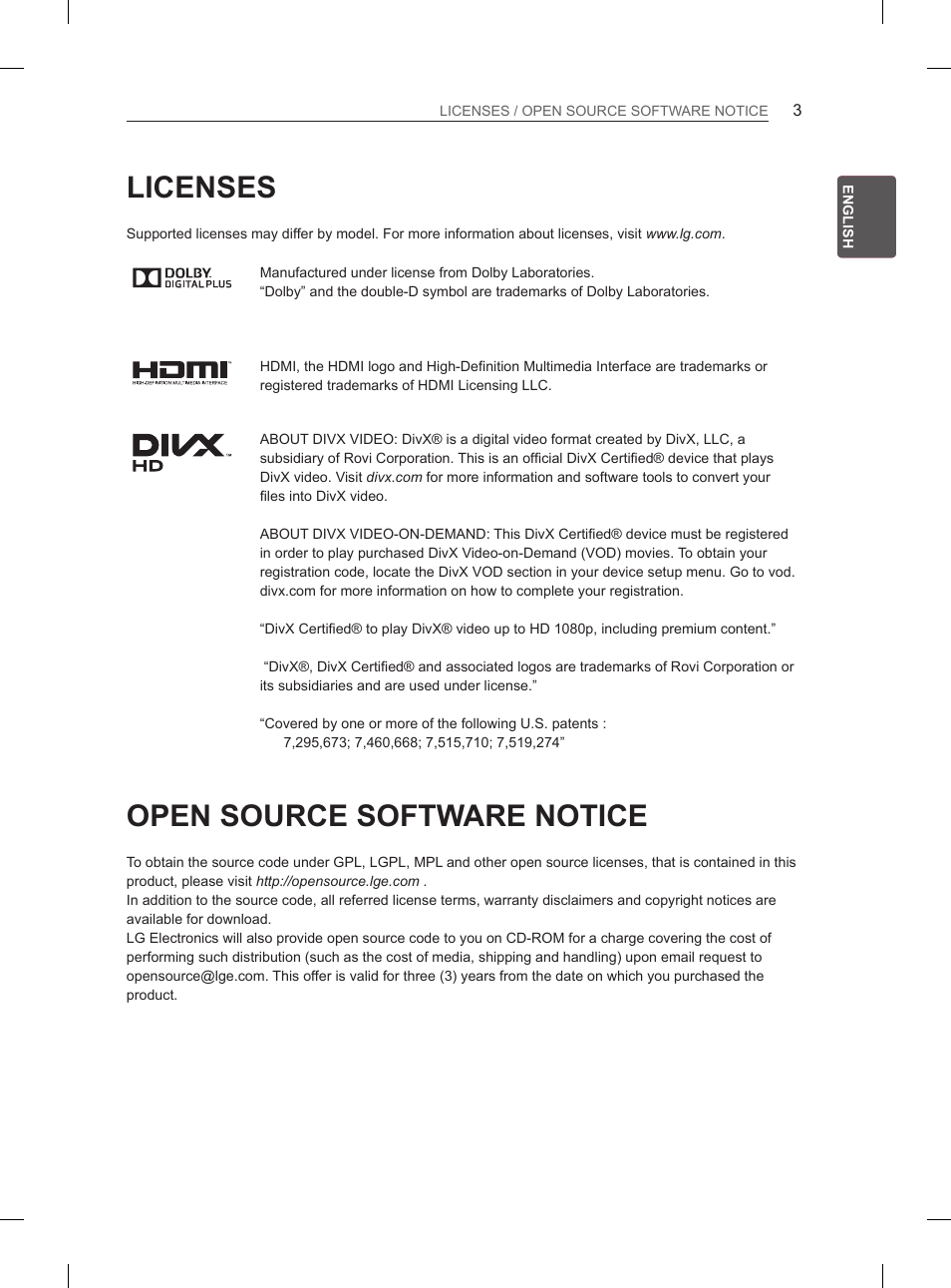 Licenses, Open source software notice | LG 47LM615S User Manual | Page 9 / 261