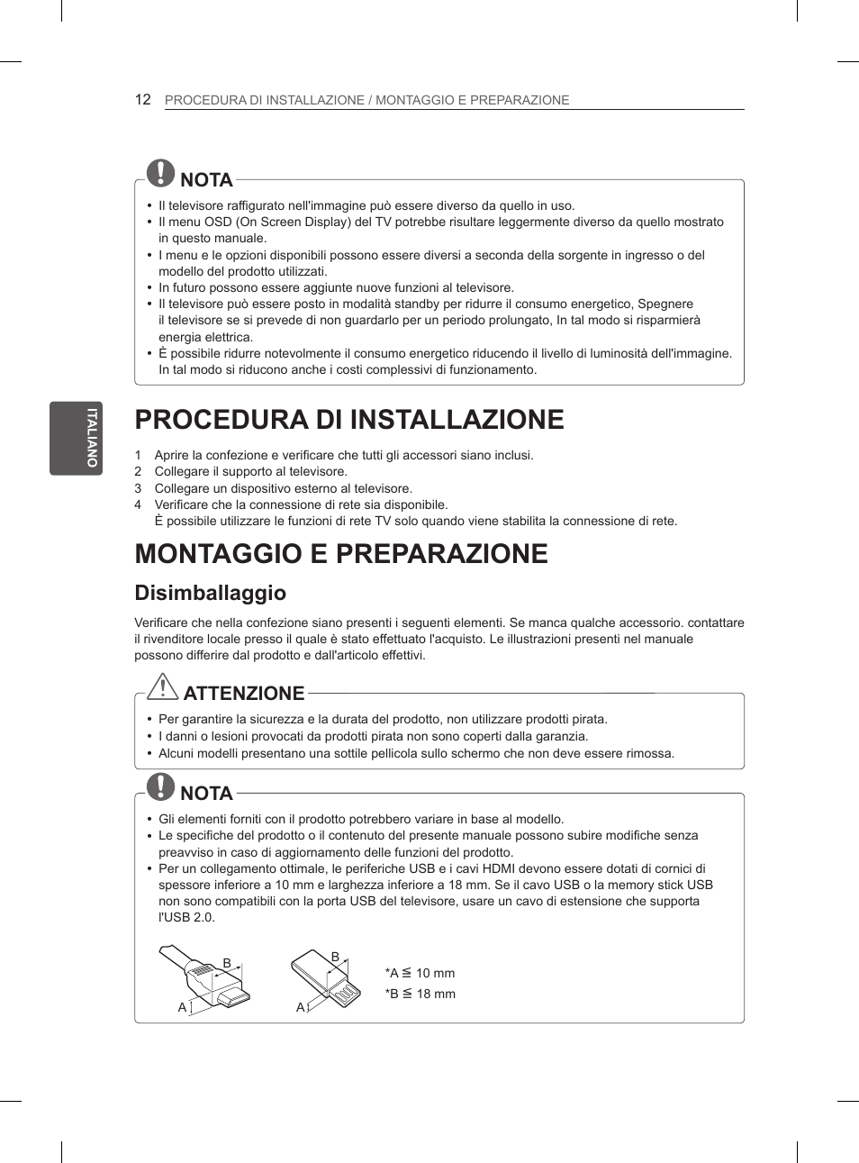 Procedura di installazione, Montaggio e preparazione, Disimballaggio | Nota, Attenzione | LG 47LM615S User Manual | Page 90 / 261