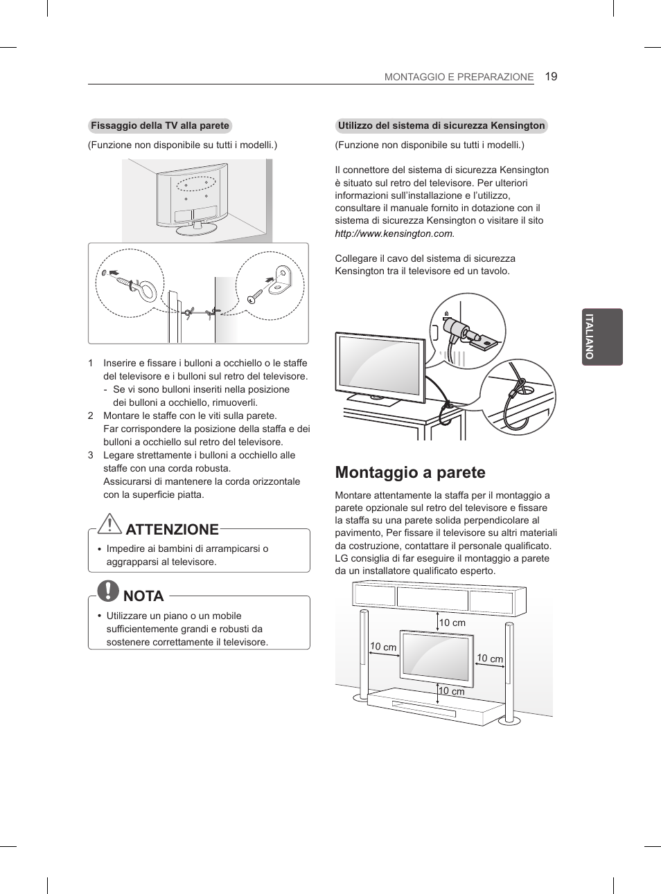 Montaggio a parete, Attenzione, Nota | LG 47LM615S User Manual | Page 97 / 261