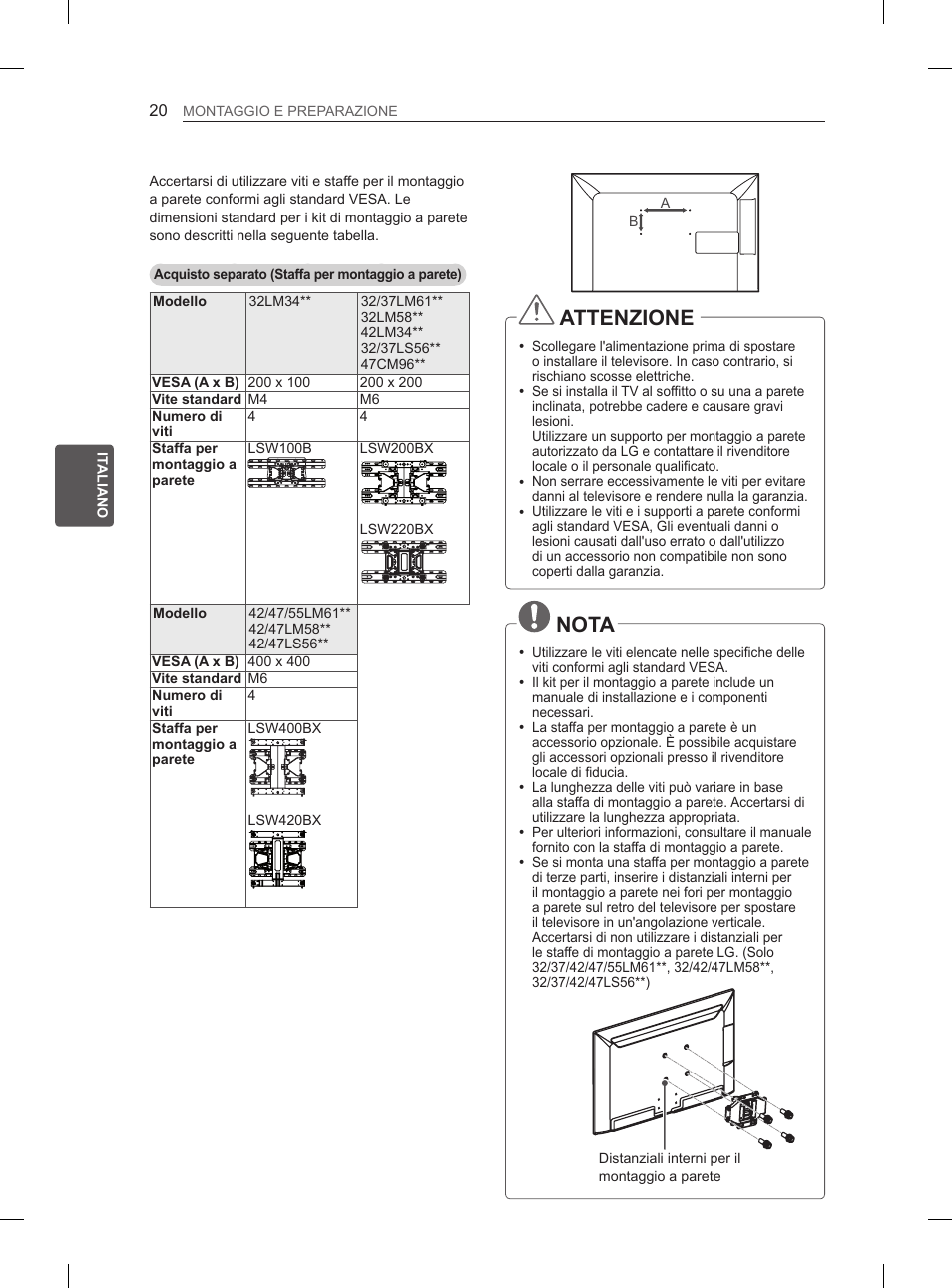 Attenzione, Nota | LG 47LM615S User Manual | Page 98 / 261