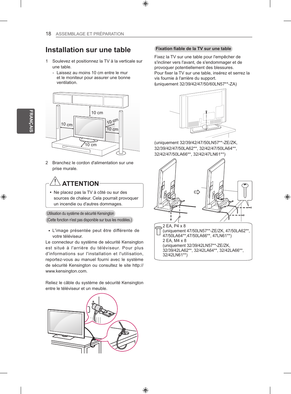 Installation sur une table, Attention | LG 39LA620S User Manual | Page 119 / 335