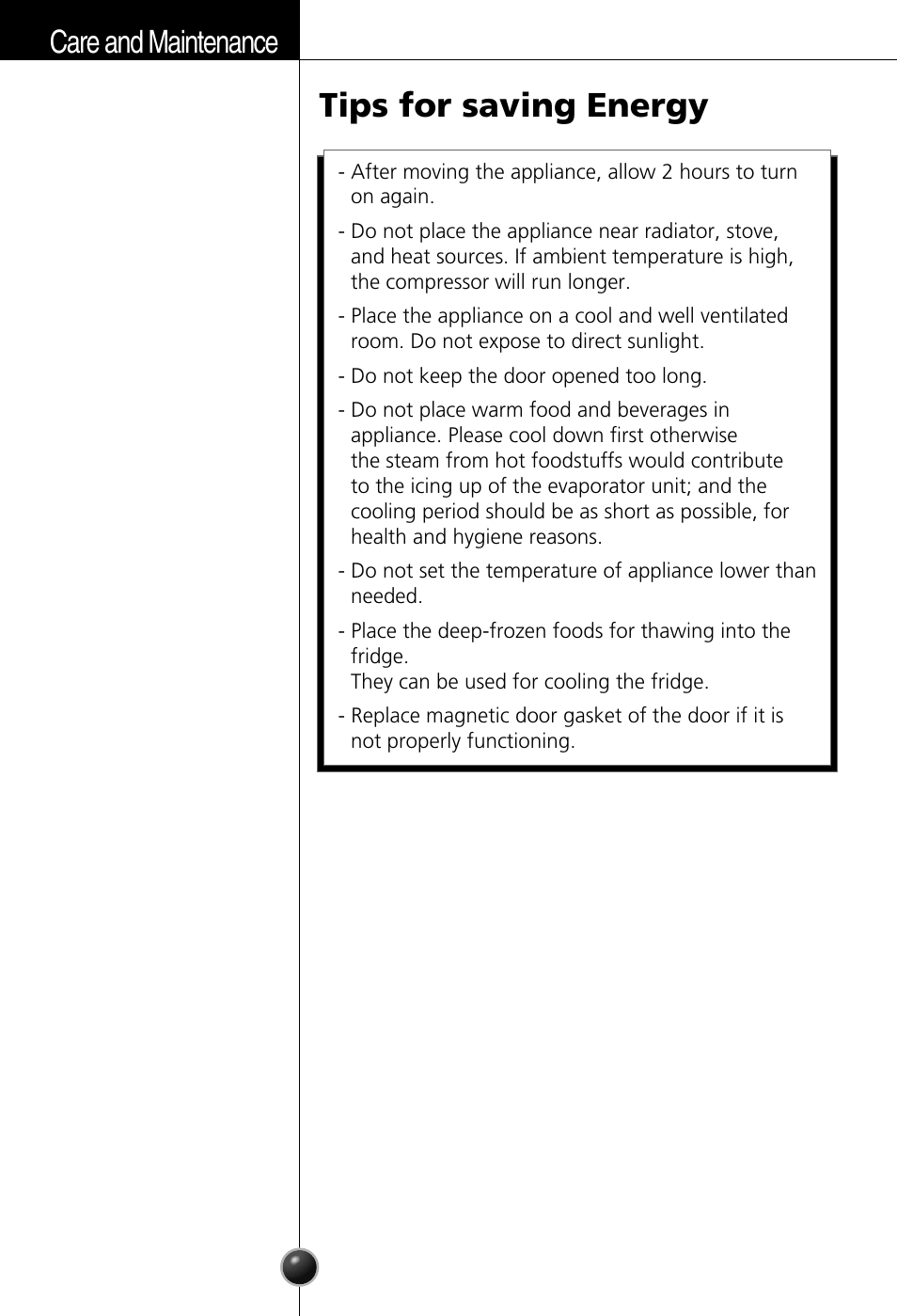 Tips for saving energy, Care and maintenance | LG GC-154GQW User Manual | Page 13 / 50
