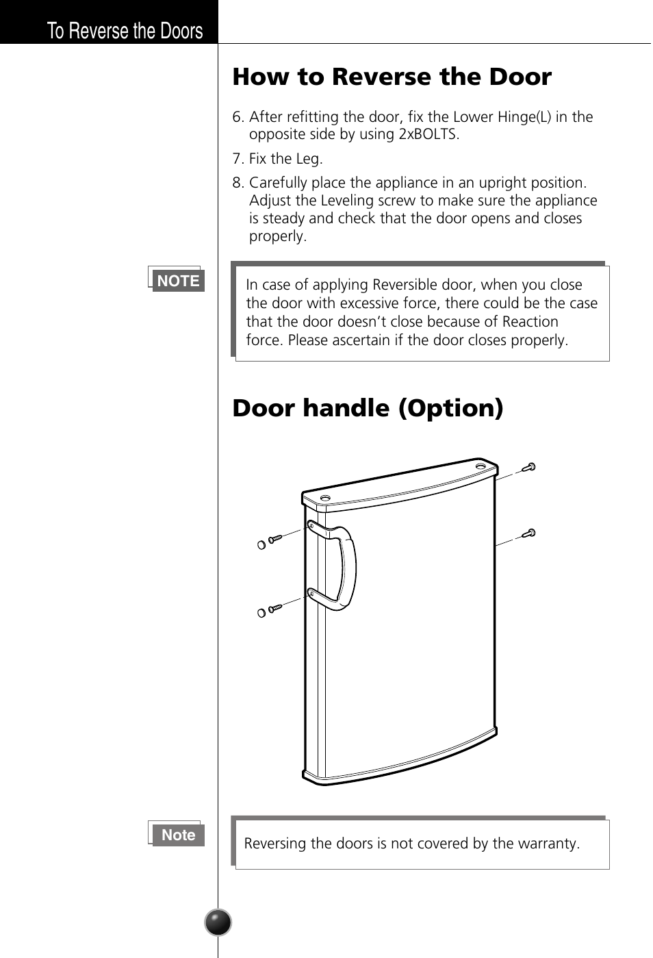 How to reverse the door, Door handle (option) | LG GC-154GQW User Manual | Page 17 / 50