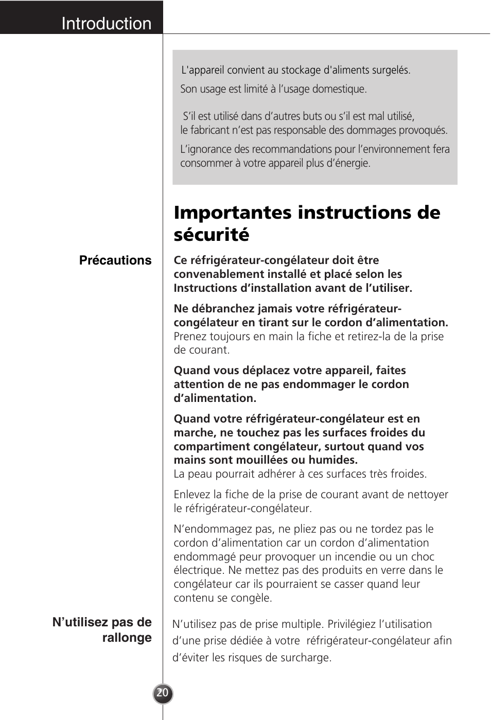 Importantes instructions de sécurité, Introduction | LG GC-154GQW User Manual | Page 19 / 50