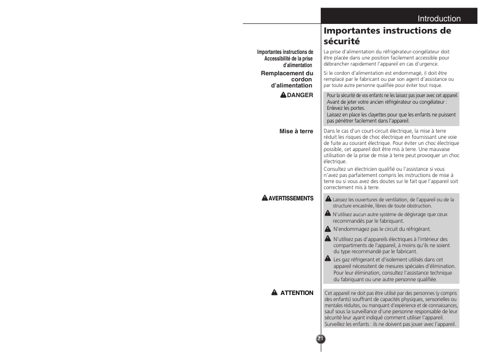 Importantes instructions de sécurité, Introduction | LG GC-154GQW User Manual | Page 20 / 50