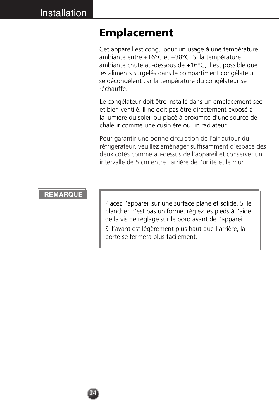 Emplacement, Installation | LG GC-154GQW User Manual | Page 23 / 50