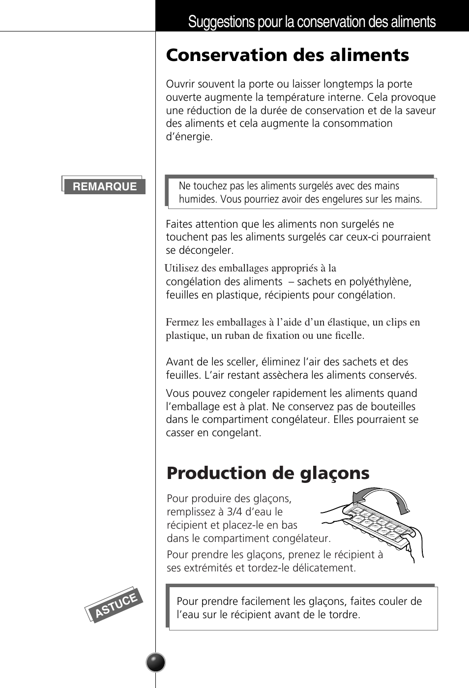 Conservation des aliments, Production de glaçons, Suggestions pour la conservation des aliments | LG GC-154GQW User Manual | Page 25 / 50