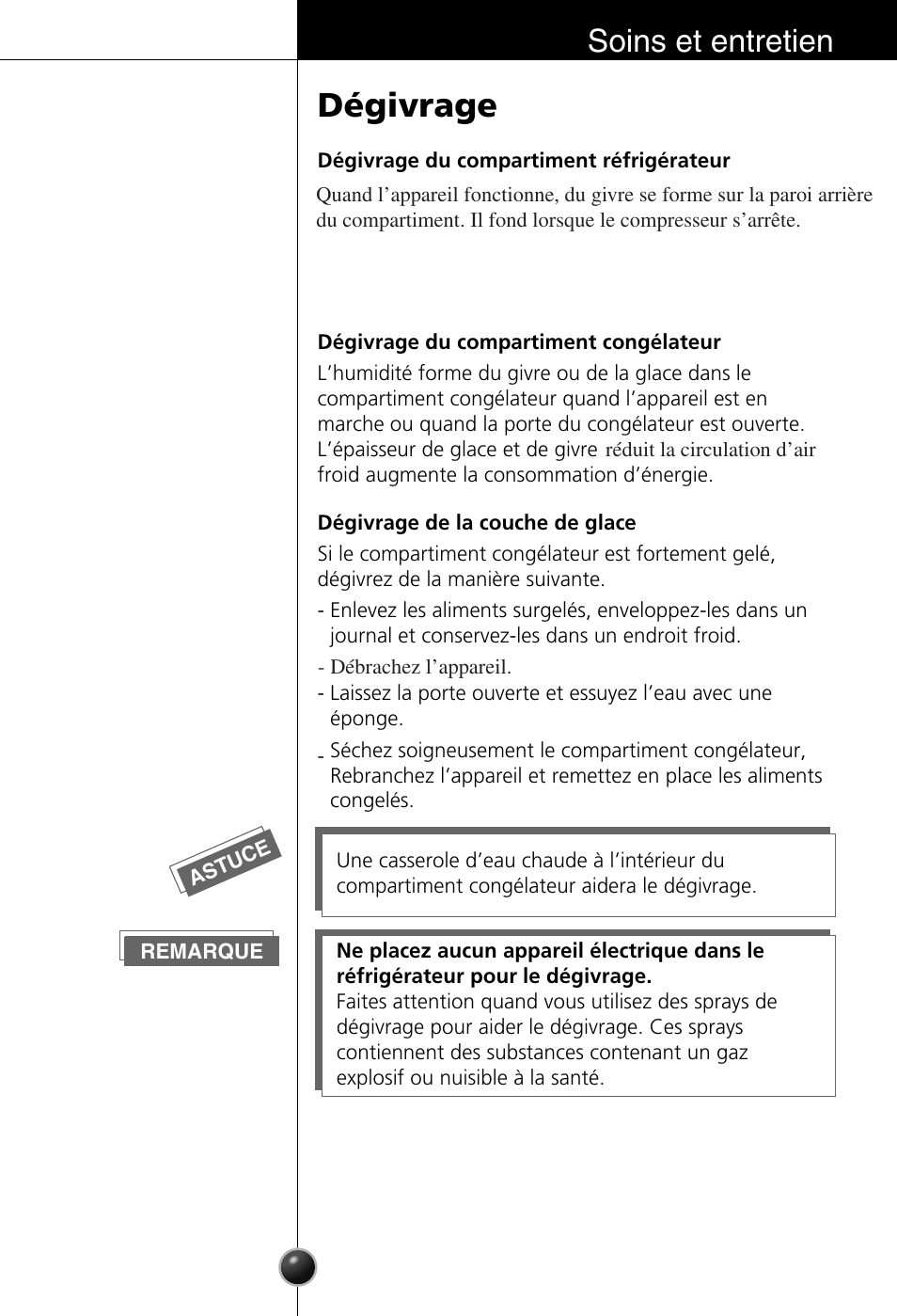 Dégivrage, Soins et entretien | LG GC-154GQW User Manual | Page 26 / 50