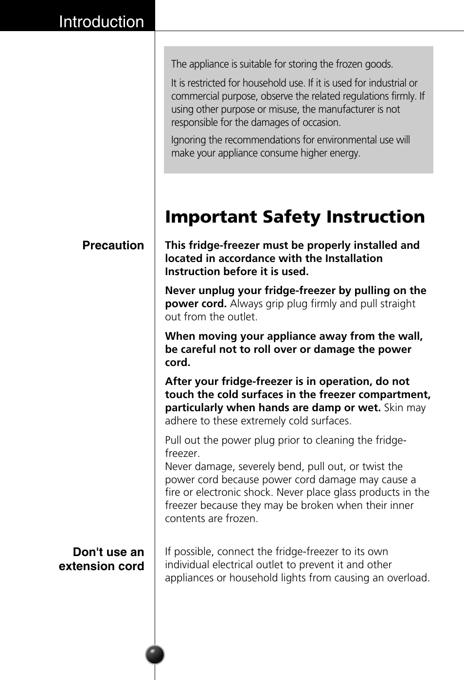 Important safety instruction, Introduction | LG GC-154GQW User Manual | Page 3 / 50