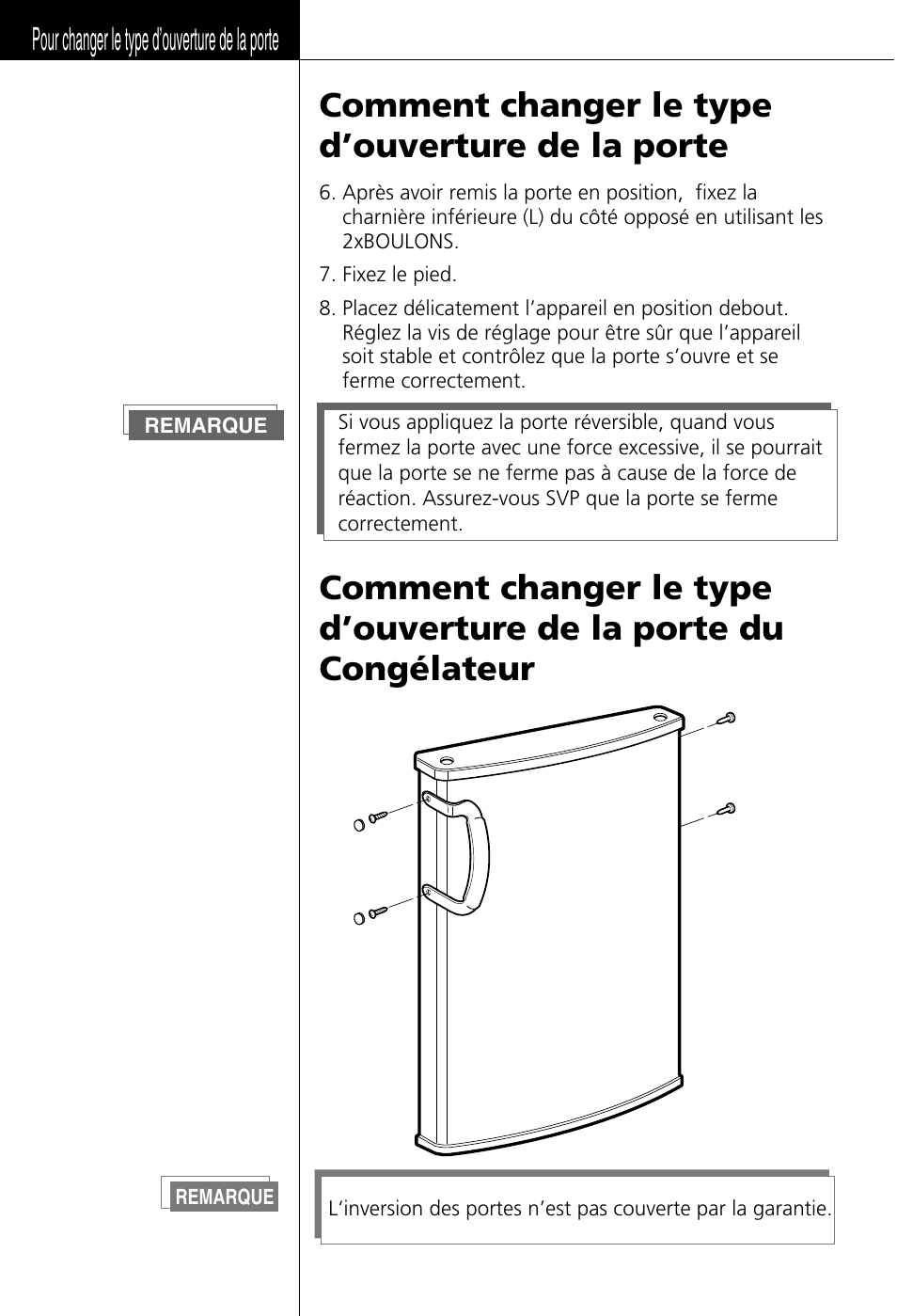 Comment changer le type d’ouverture de la porte, Pour changer le type d’ouverture de la porte | LG GC-154GQW User Manual | Page 33 / 50