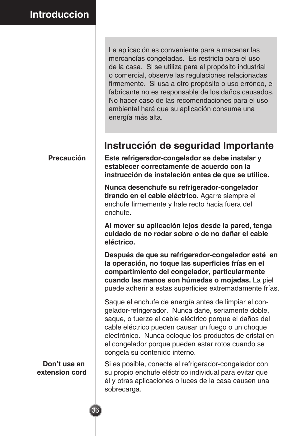 Introduccion, Instrucción de seguridad importante | LG GC-154GQW User Manual | Page 35 / 50