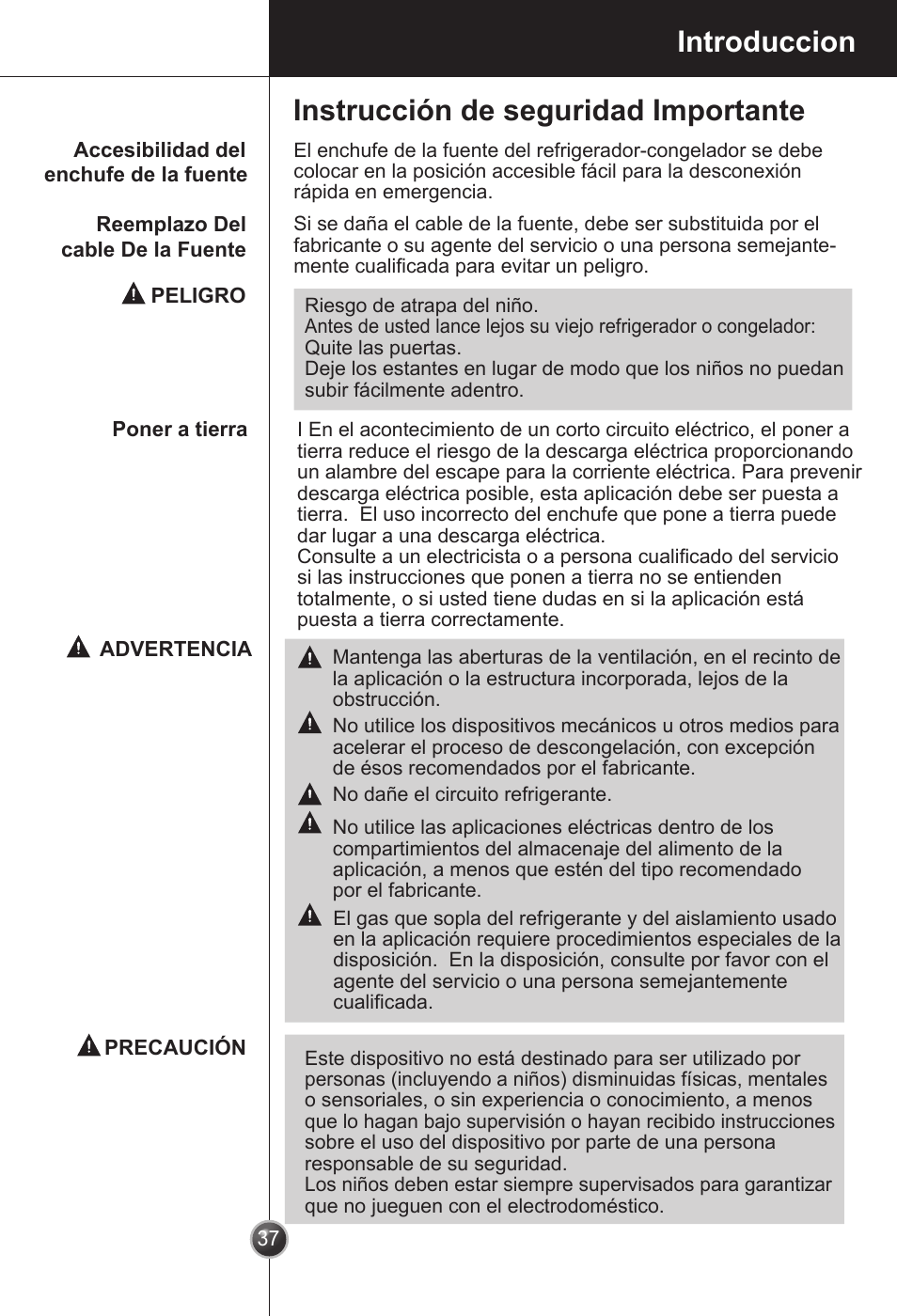 Introduccion instrucción de seguridad importante | LG GC-154GQW User Manual | Page 36 / 50