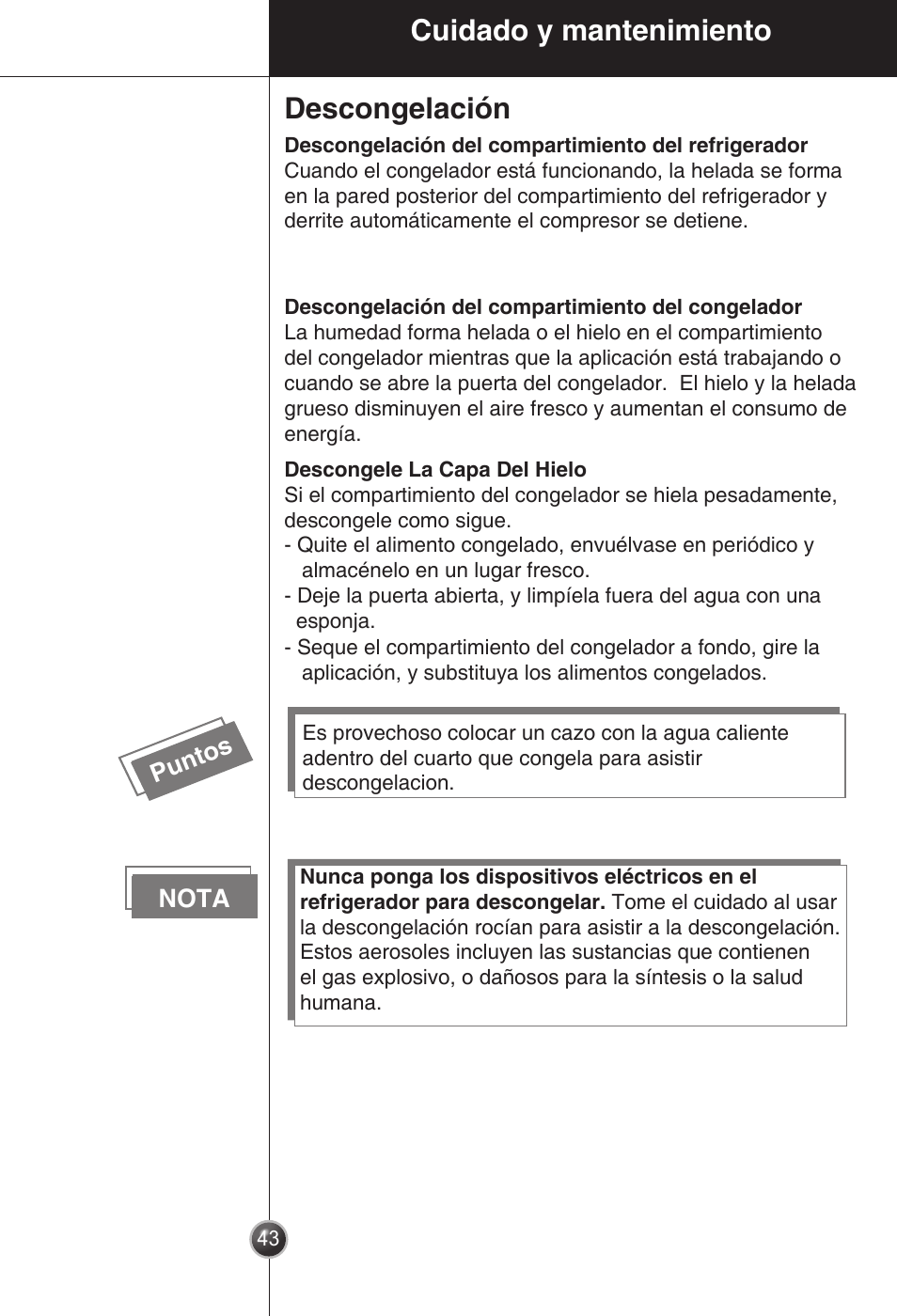 Cuidado y mantenimiento descongelación | LG GC-154GQW User Manual | Page 42 / 50