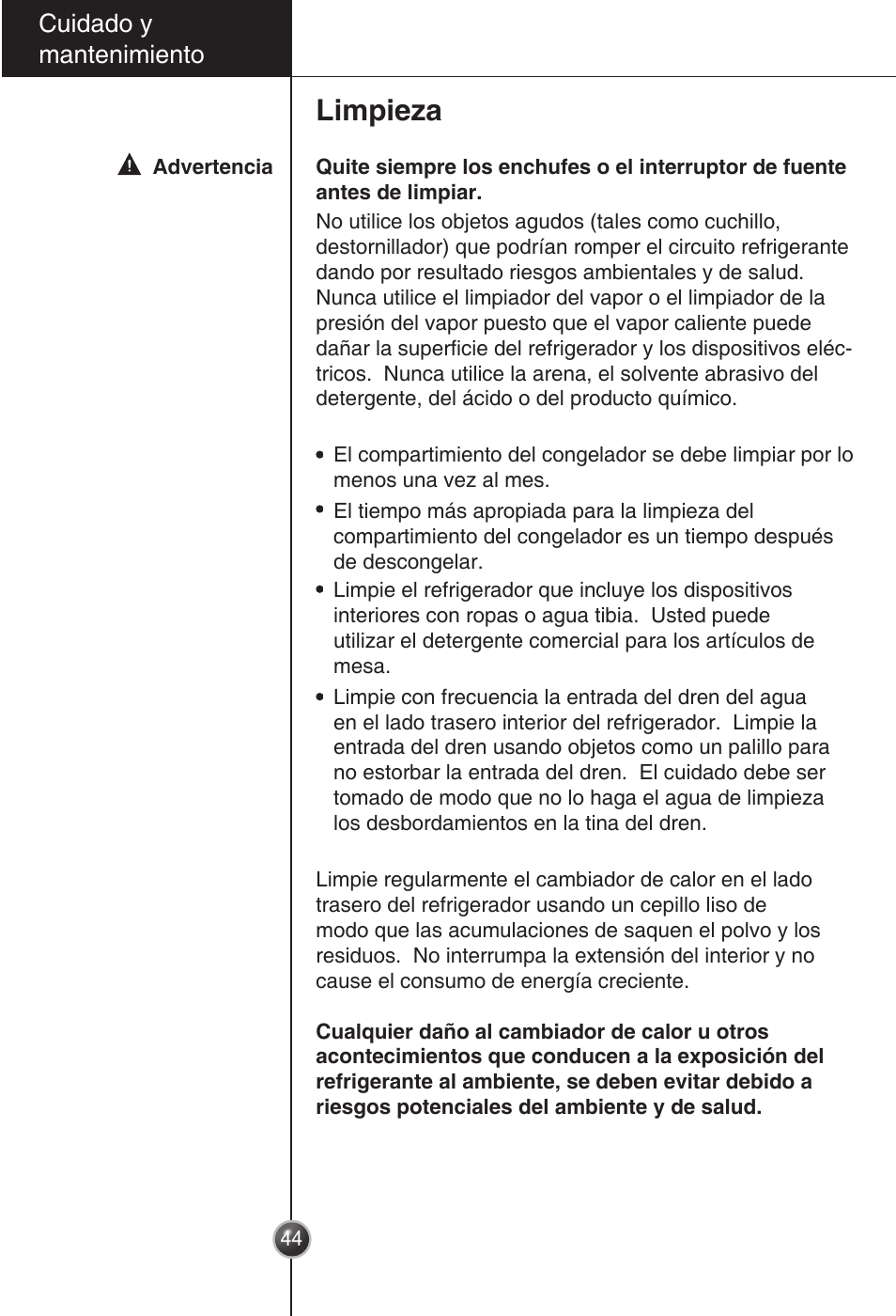 Limpieza, Cuidado y mantenimiento | LG GC-154GQW User Manual | Page 43 / 50