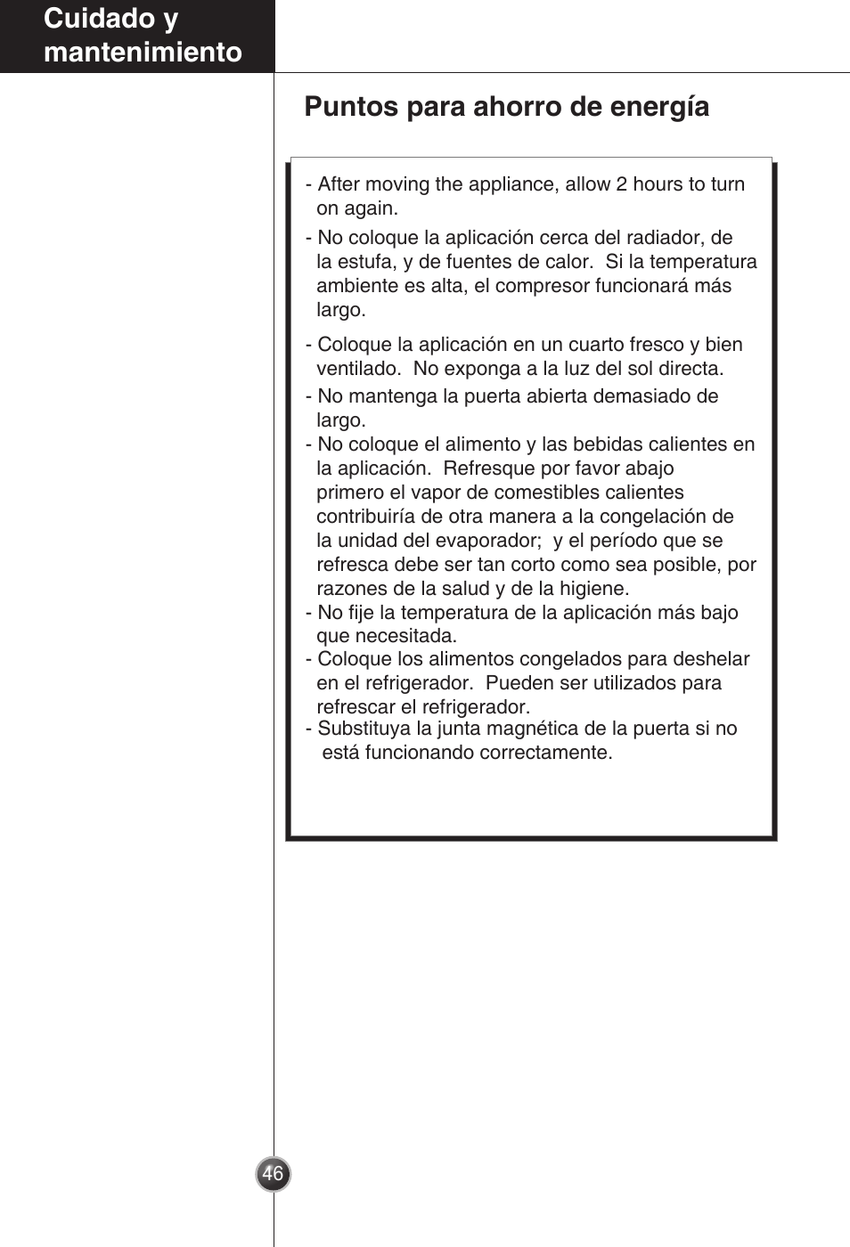 Cuidado y mantenimiento, Puntos para ahorro de energía | LG GC-154GQW User Manual | Page 45 / 50