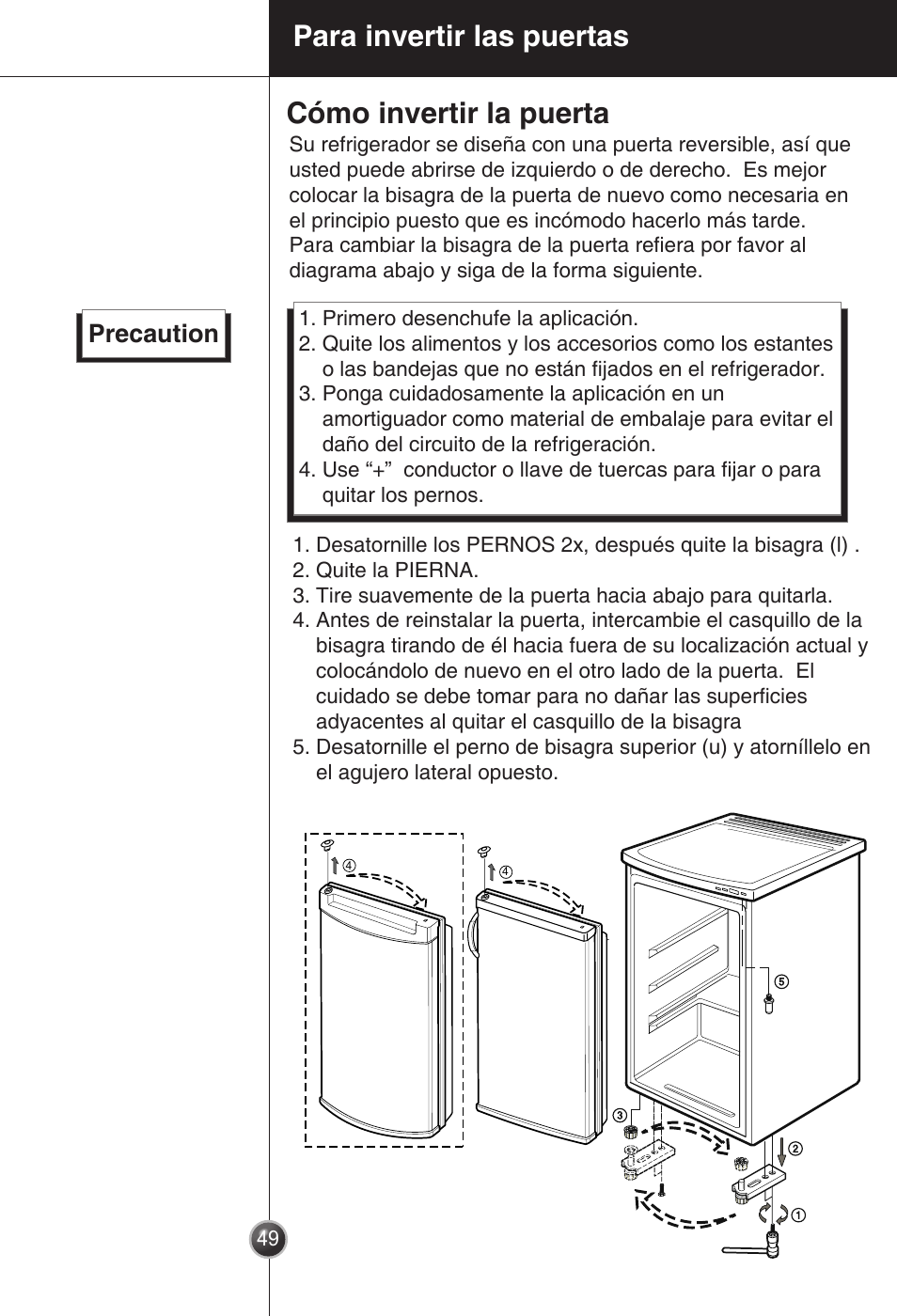 Para invertir las puertas cómo invertir la puerta, Precaution | LG GC-154GQW User Manual | Page 48 / 50