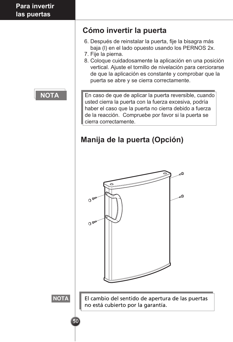 Cómo invertir la puerta, Manija de la puerta (opción) | LG GC-154GQW User Manual | Page 49 / 50