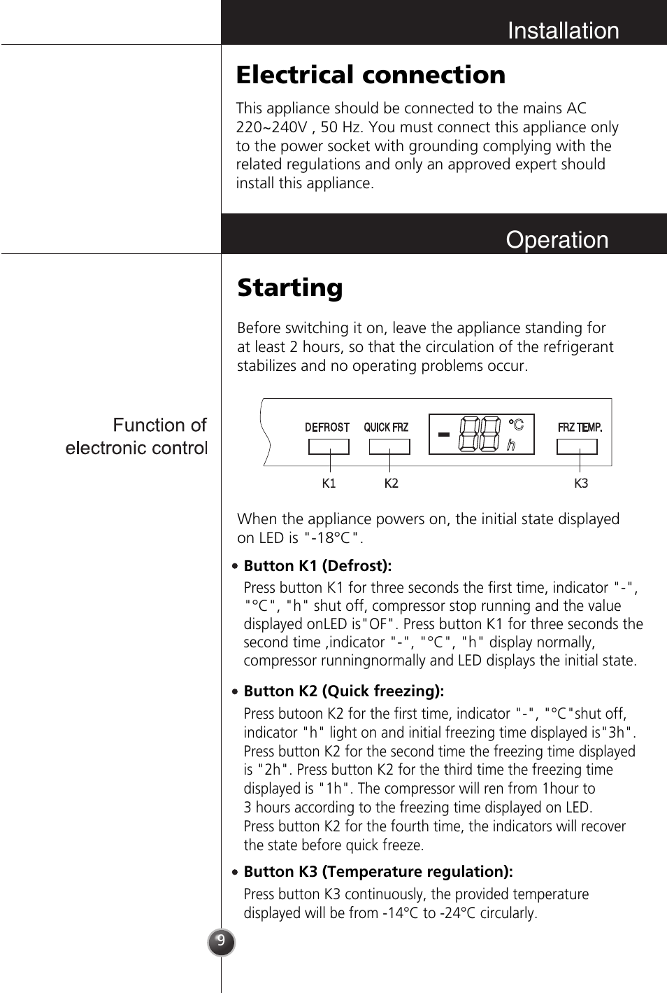 Electrical connection, Starting, Installation | Operation | LG GC-154GQW User Manual | Page 8 / 50