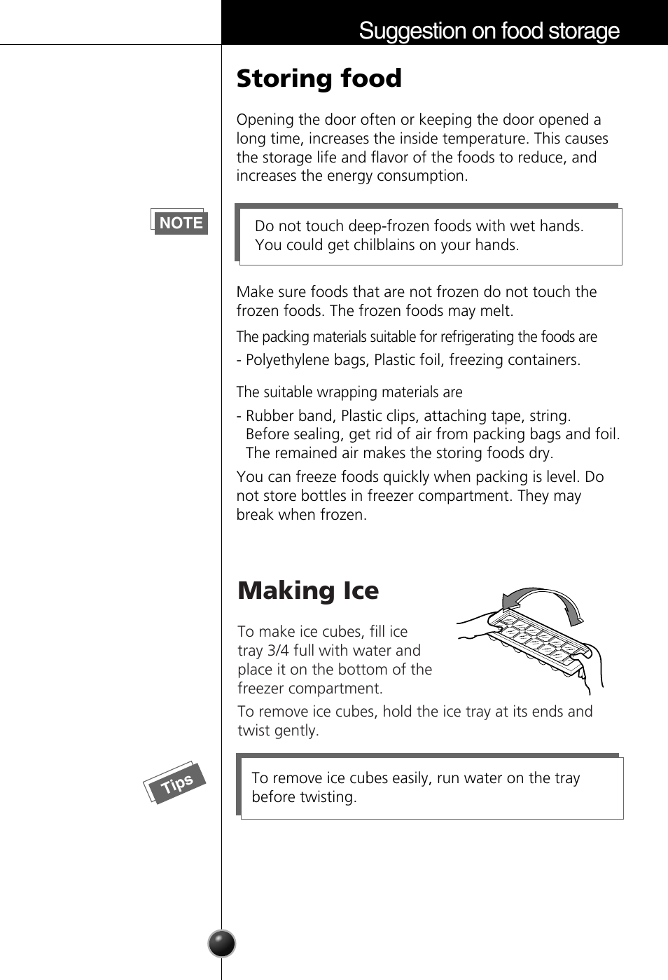 Storing food, Making ice, Suggestion on food storage | LG GC-154GQW User Manual | Page 9 / 50