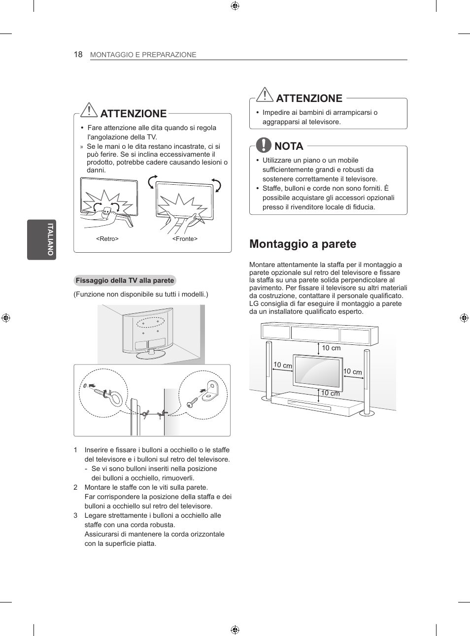 Montaggio a parete, Attenzione, Nota | LG 60LA860V User Manual | Page 103 / 287