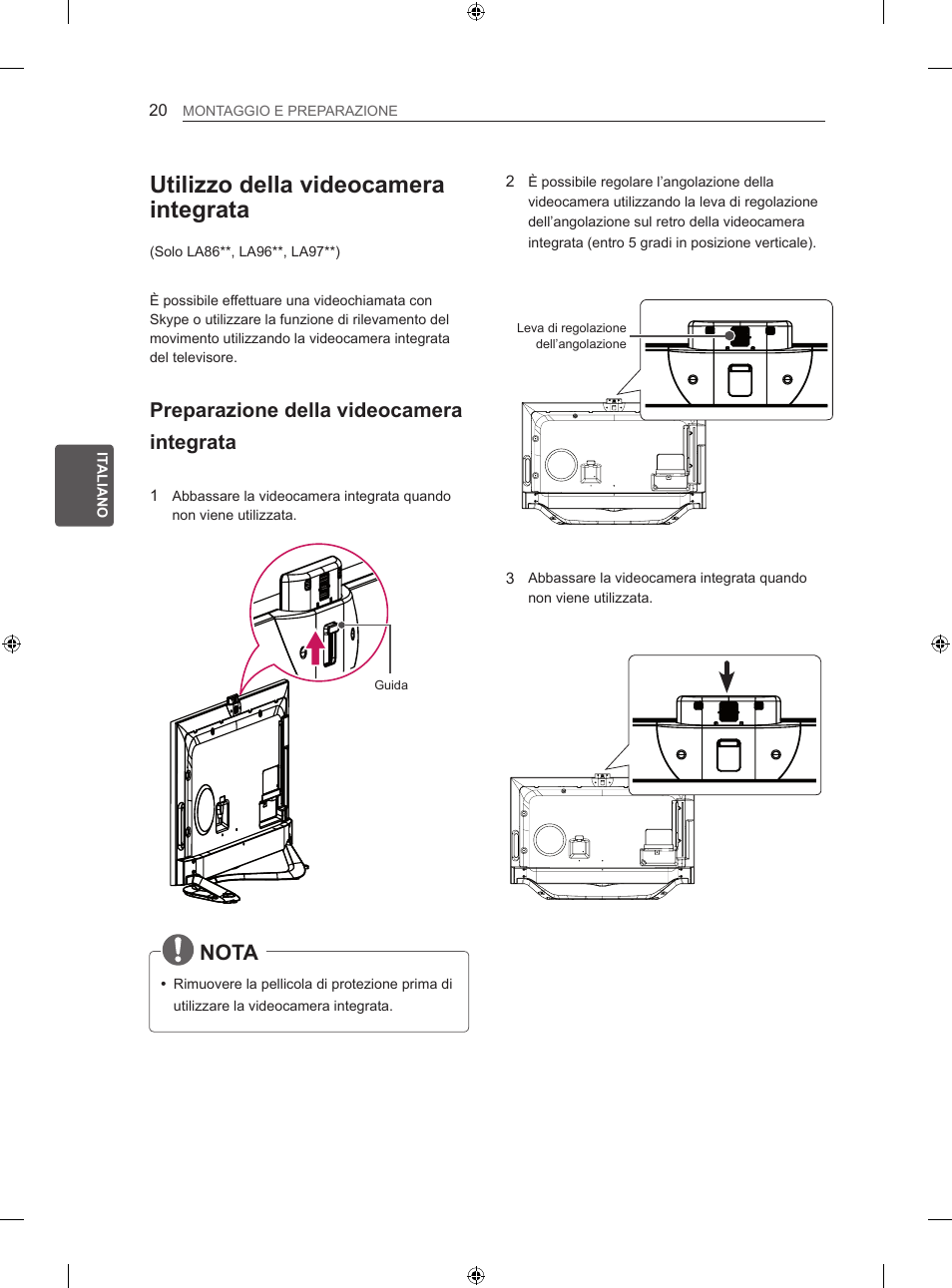 Utilizzo della videocamera integrata, Nota, Preparazione della videocamera integrata | LG 60LA860V User Manual | Page 105 / 287