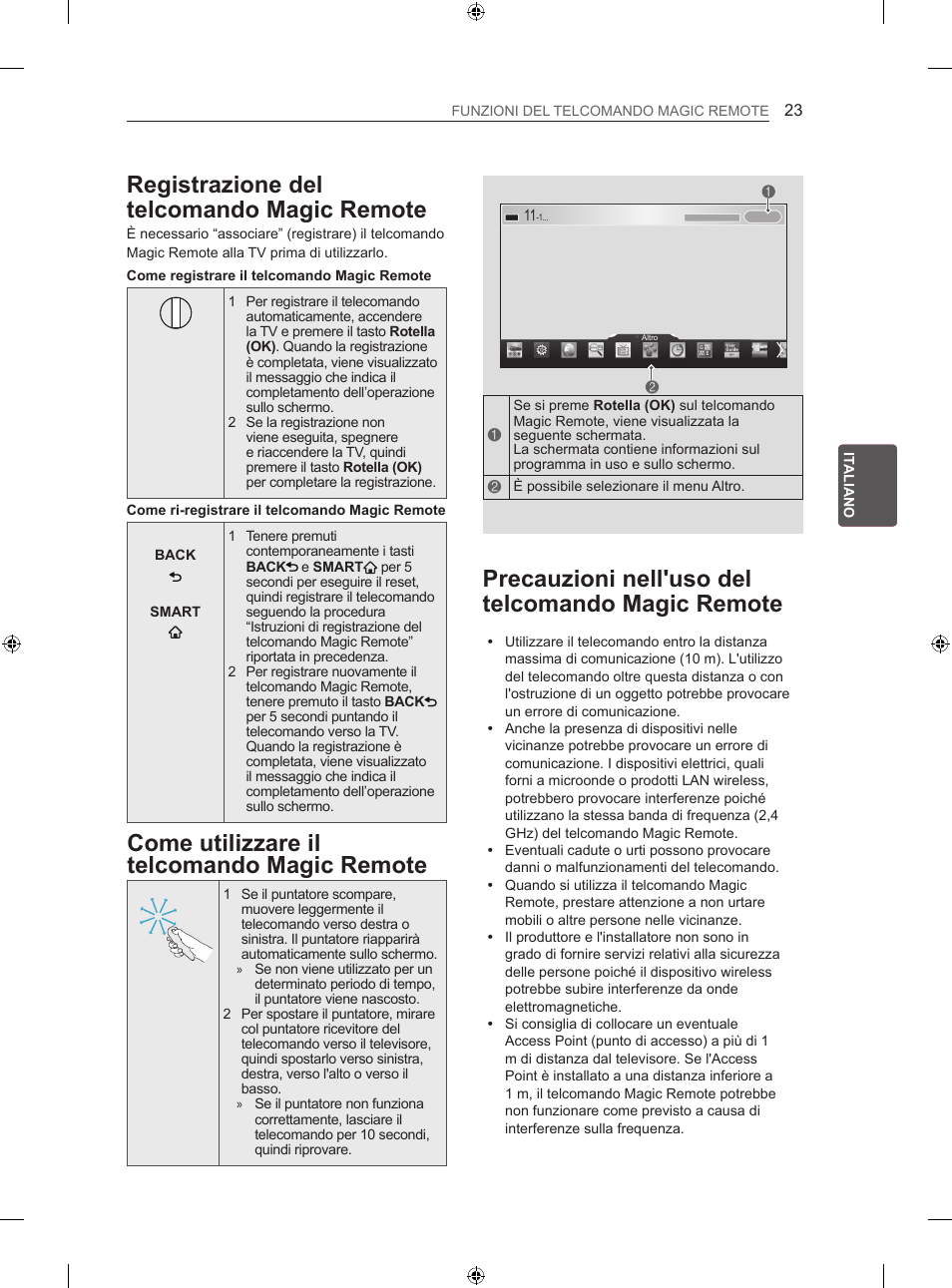 Registrazione del telcomando magic remote, Precauzioni nell'uso del telcomando magic remote, Come utilizzare il telcomando magic remote | LG 60LA860V User Manual | Page 108 / 287