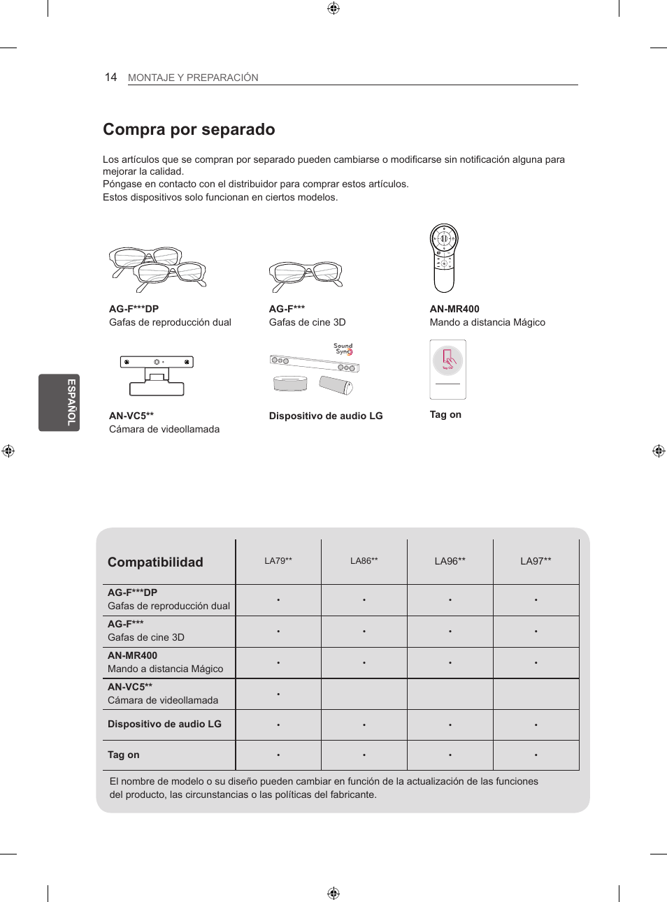 Compra por separado, Compatibilidad | LG 60LA860V User Manual | Page 129 / 287