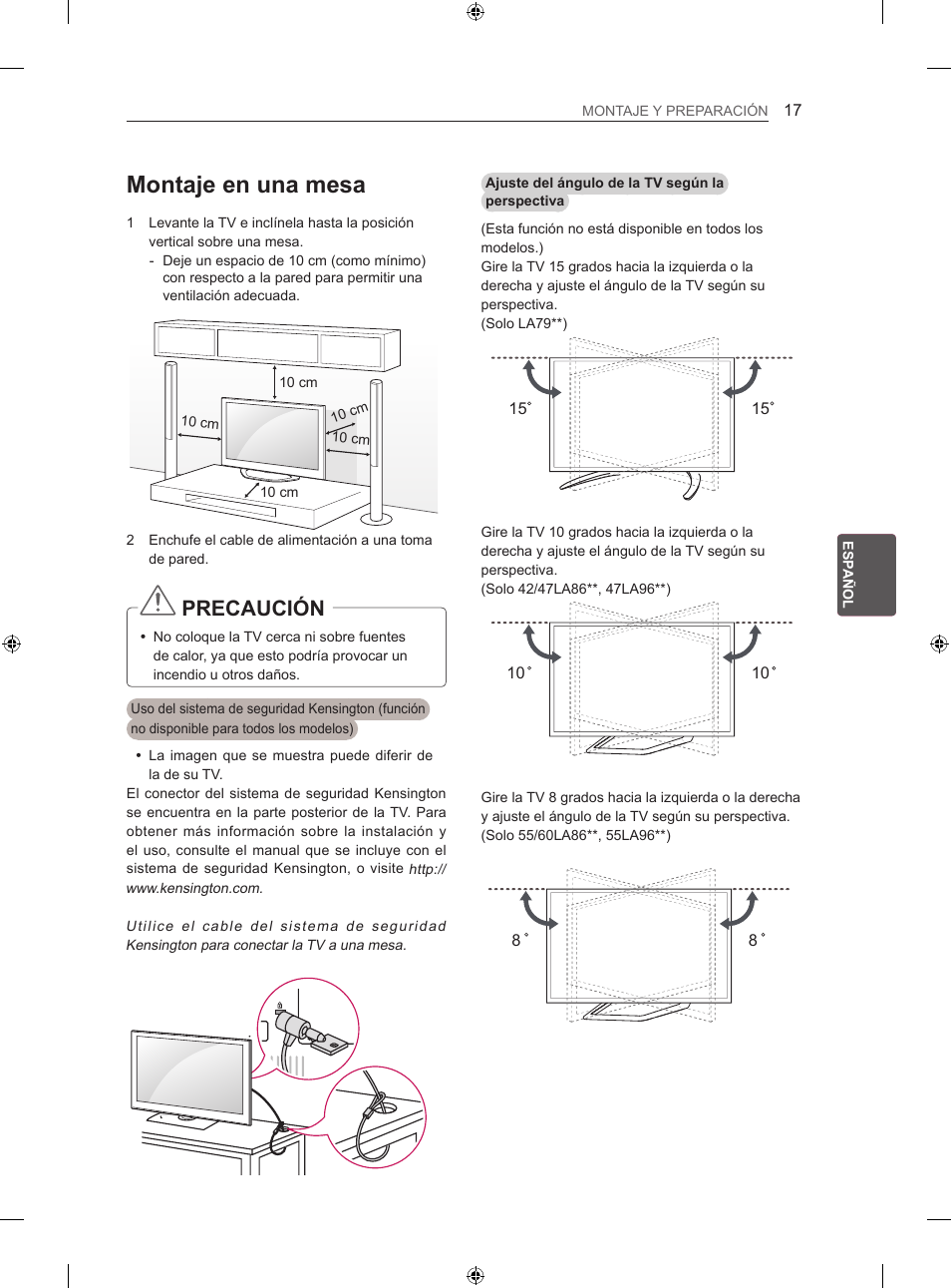 Montaje en una mesa, Precaución | LG 60LA860V User Manual | Page 132 / 287