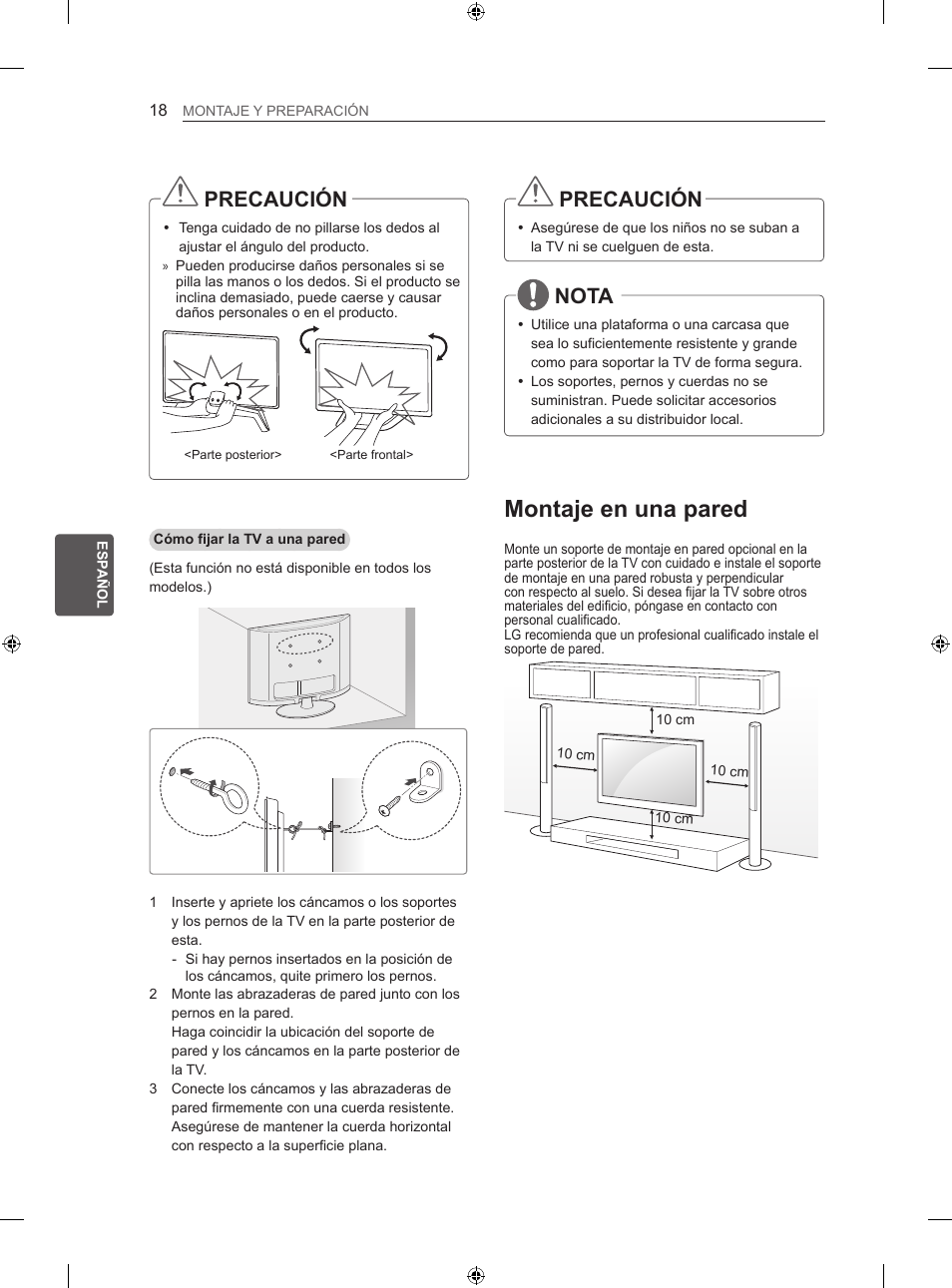 Montaje en una pared, Precaución, Nota | LG 60LA860V User Manual | Page 133 / 287