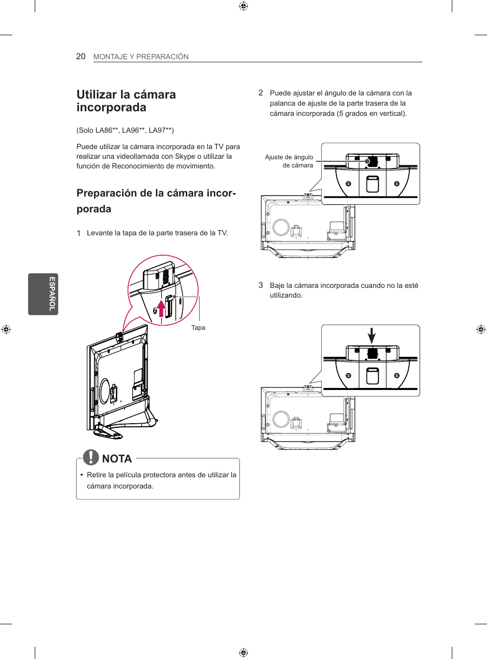 Utilizar la cámara incorporada, Nota, Preparación de la cámara incor- porada | LG 60LA860V User Manual | Page 135 / 287