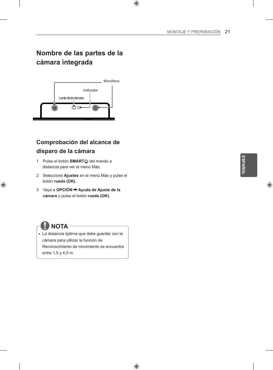 Nombre de las partes de la cámara integrada, Nota, Comprobación del alcance de disparo de la cámara | LG 60LA860V User Manual | Page 136 / 287