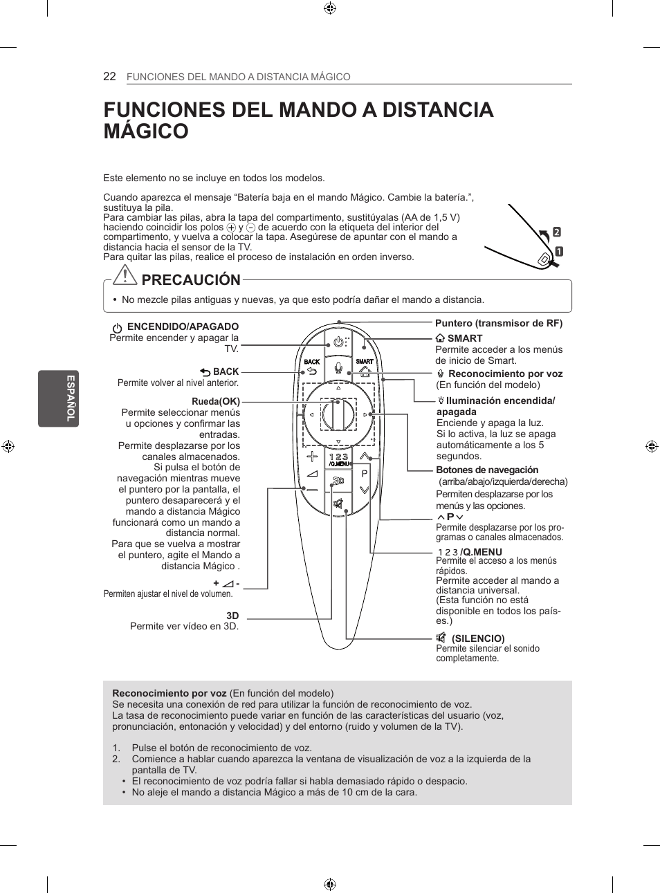 Funciones del mando a distancia mágico, Precaución | LG 60LA860V User Manual | Page 137 / 287