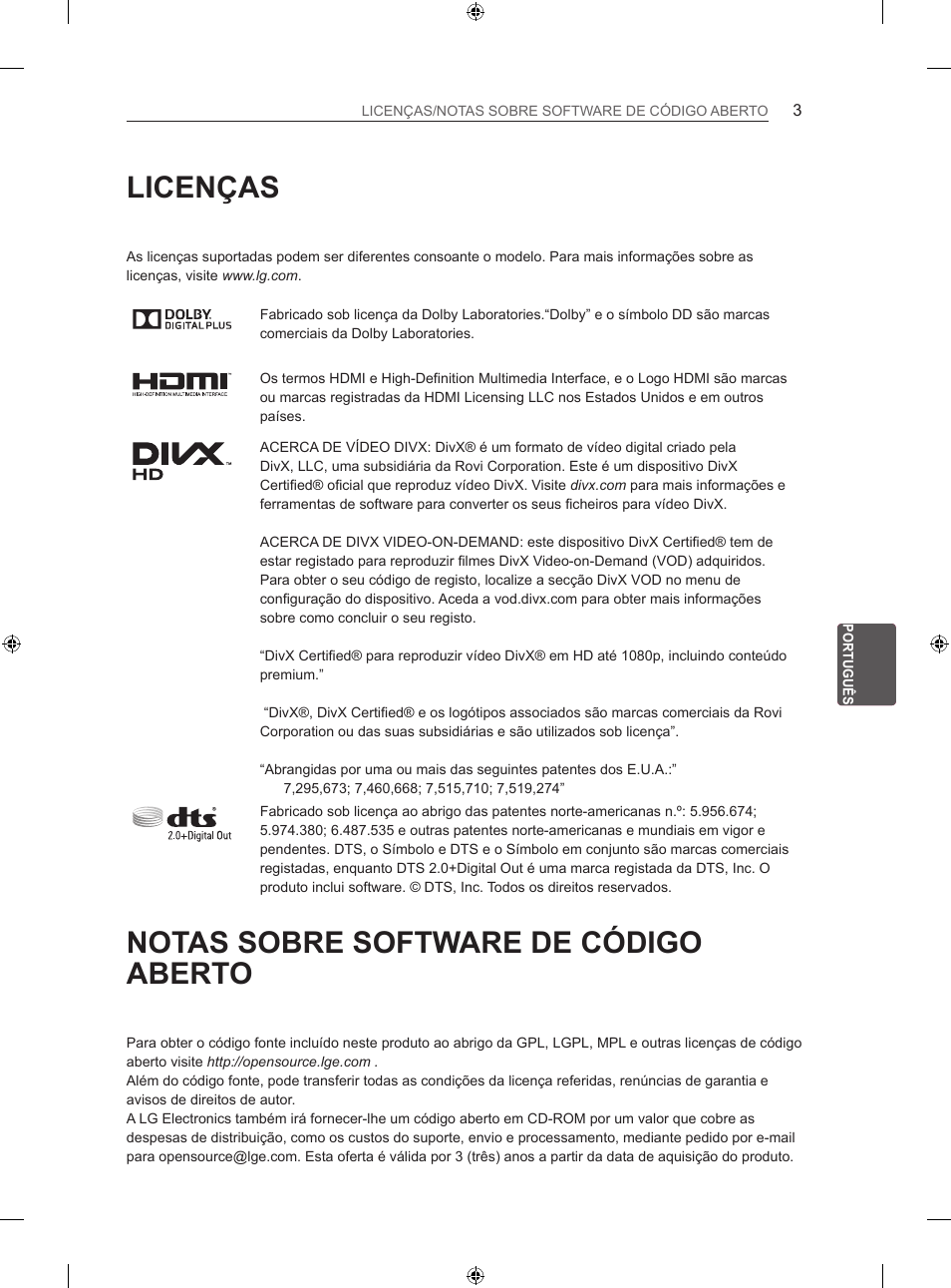 Licenças, Notas sobre software de código aberto | LG 60LA860V User Manual | Page 144 / 287