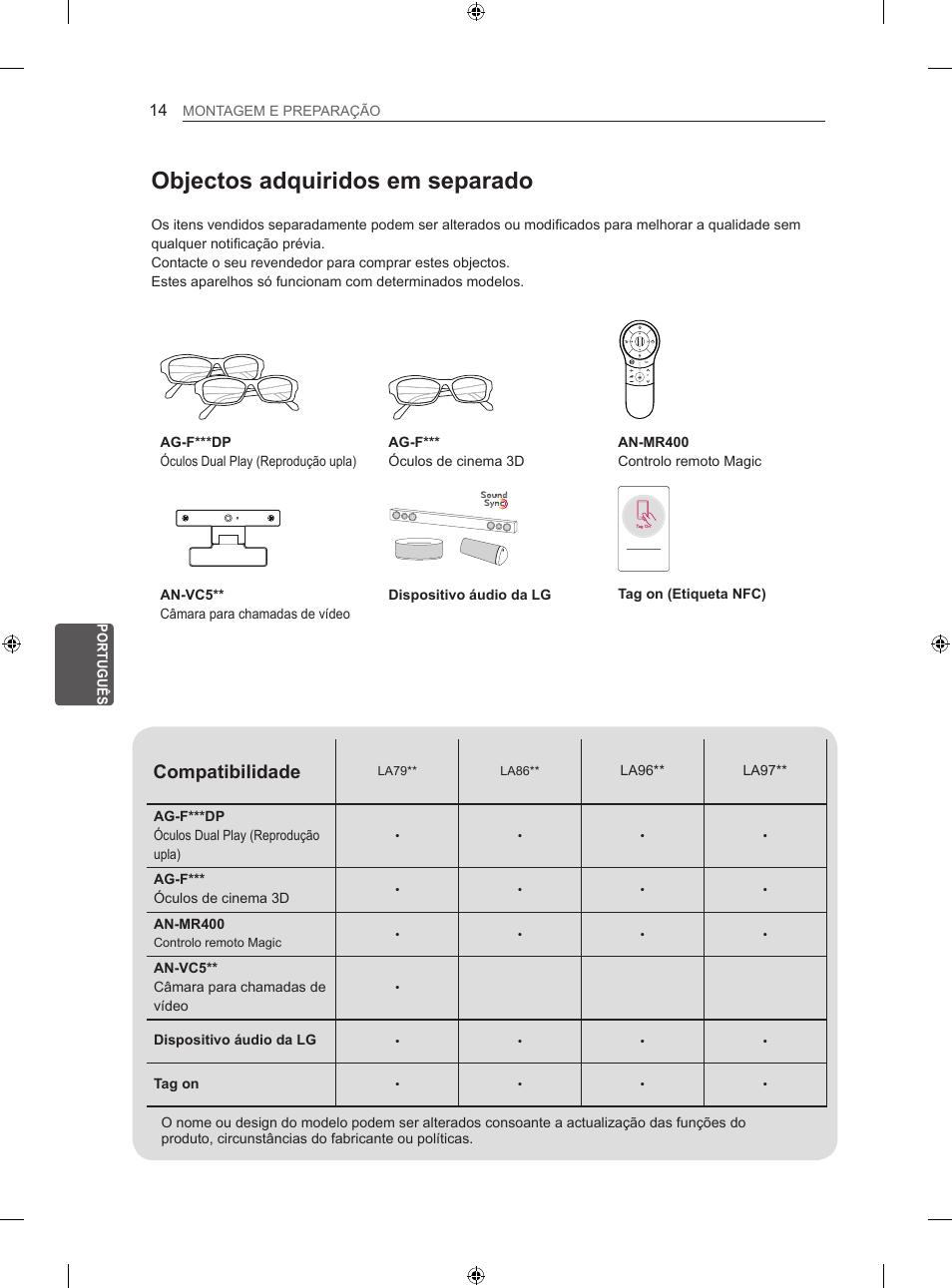 Objectos adquiridos em separado, Compatibilidade | LG 60LA860V User Manual | Page 155 / 287