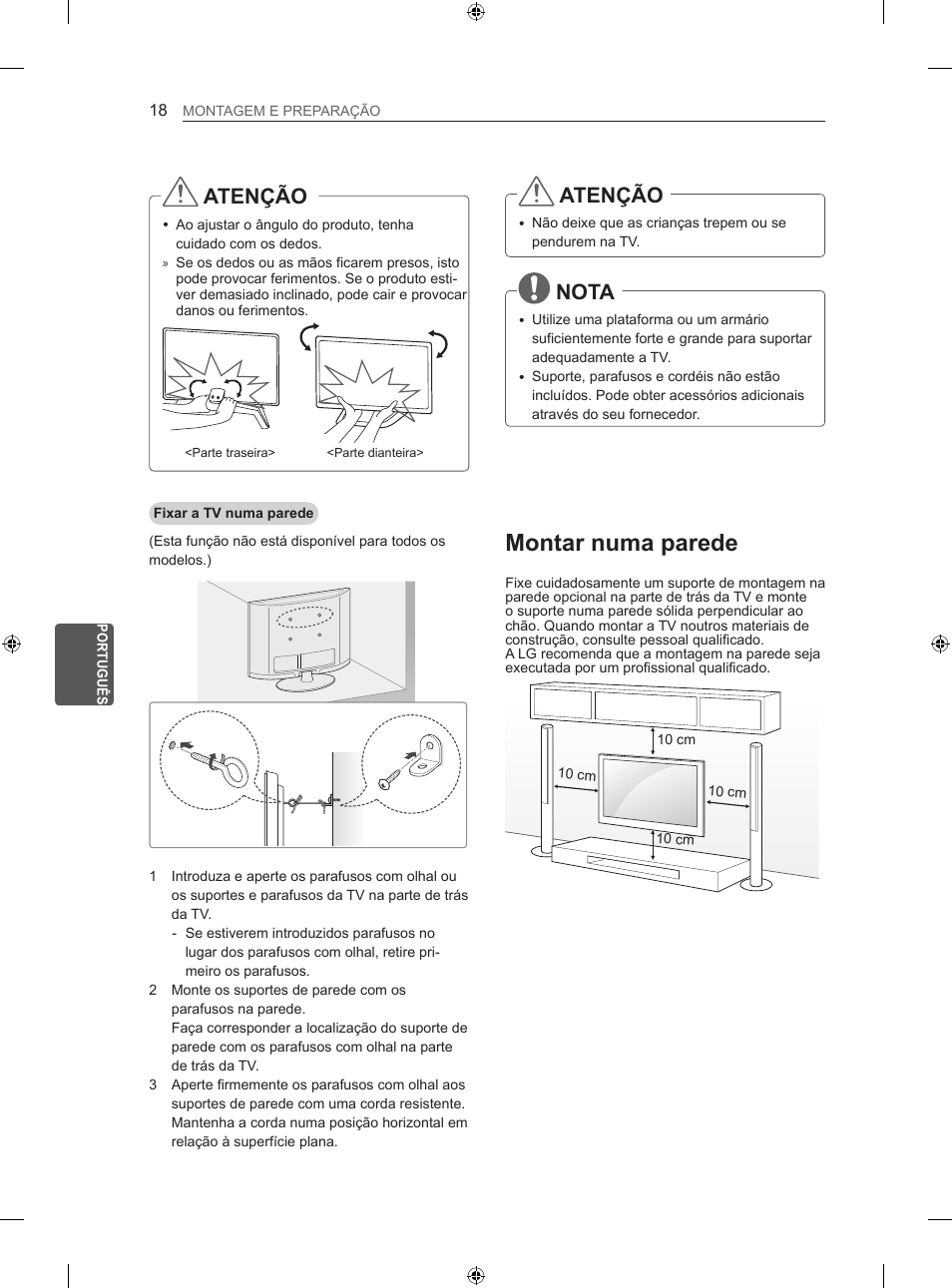Montar numa parede, Atenção, Nota | LG 60LA860V User Manual | Page 159 / 287