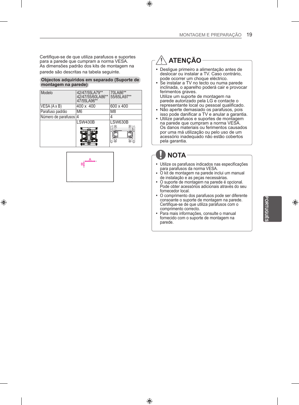 Atenção, Nota | LG 60LA860V User Manual | Page 160 / 287